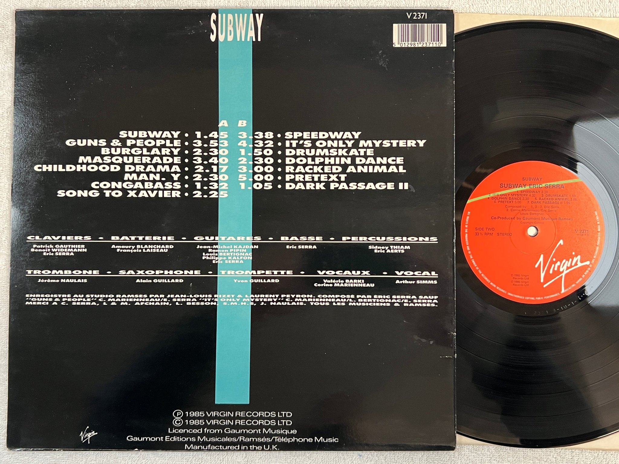 Omslagsbild för skivan ERIC SERRA subway LP -85 UK VIRGIN V 2371 soundtrack