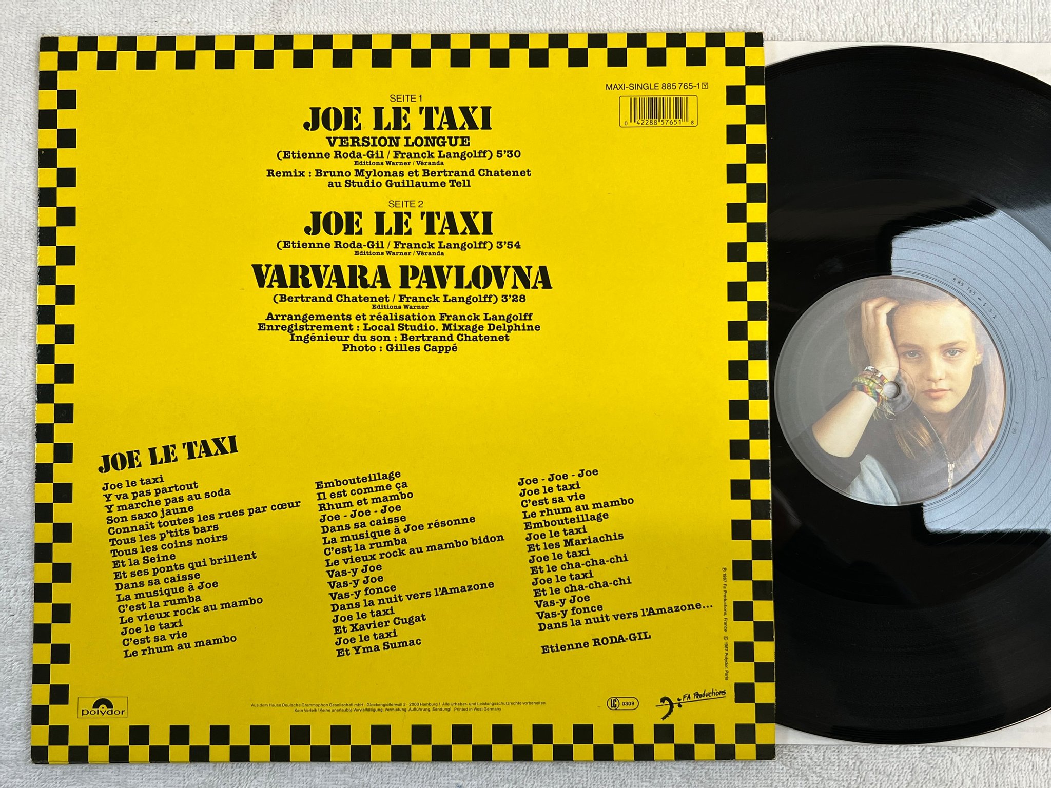 Omslagsbild för skivan VANESSA PARADIS Joe le taxi 12"single -87 Ger POLYDOR 885 765-1