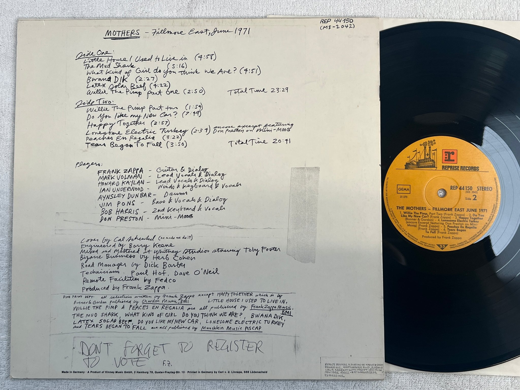 Omslagsbild för skivan THE MOTHERS fillmore east june 1971 LP Ger REPRISE REP 44150