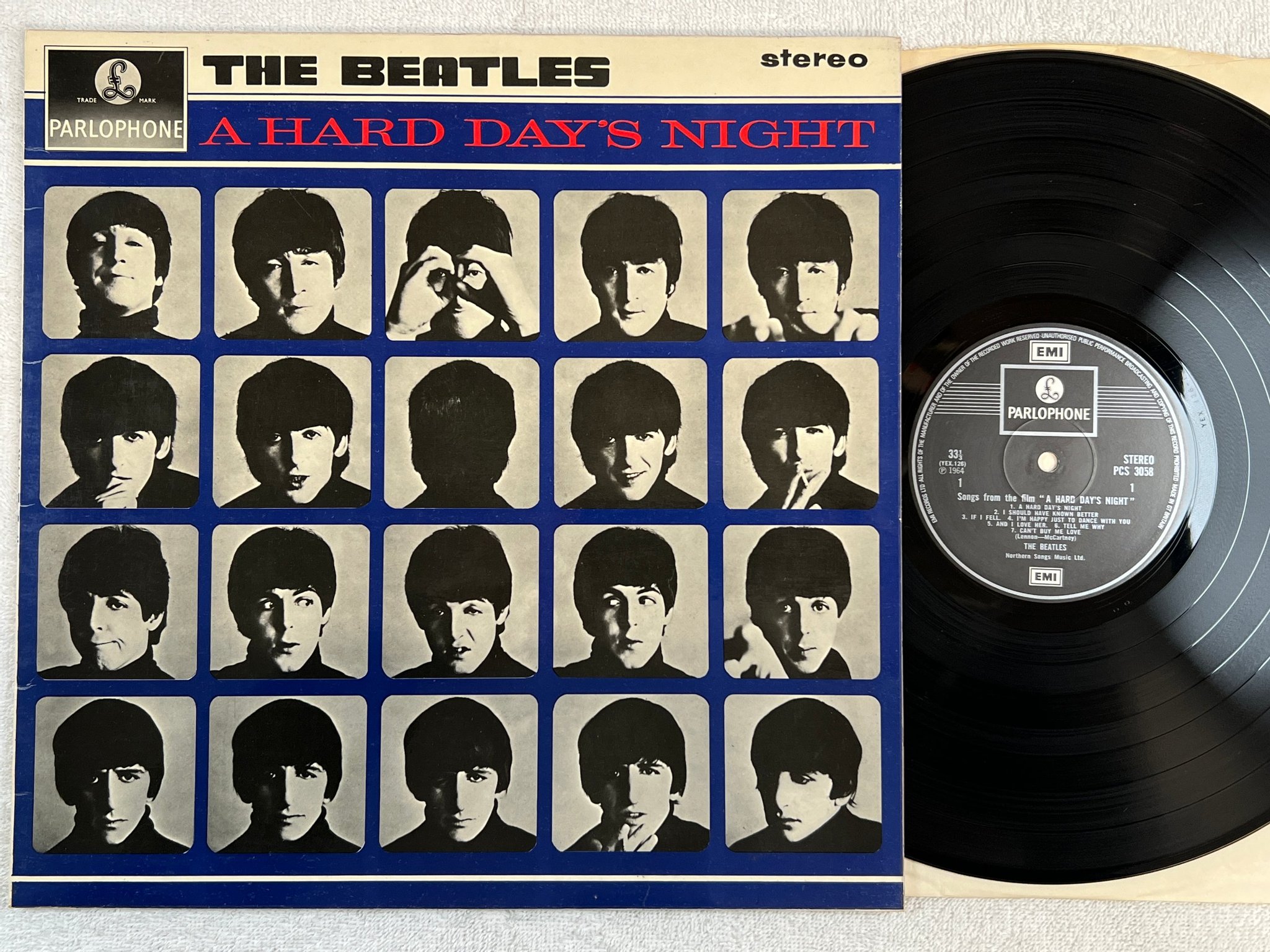 Omslagsbild för skivan THE BEATLES a hard day's night LP re UK EMI/PARLOPHONE PCS 3058