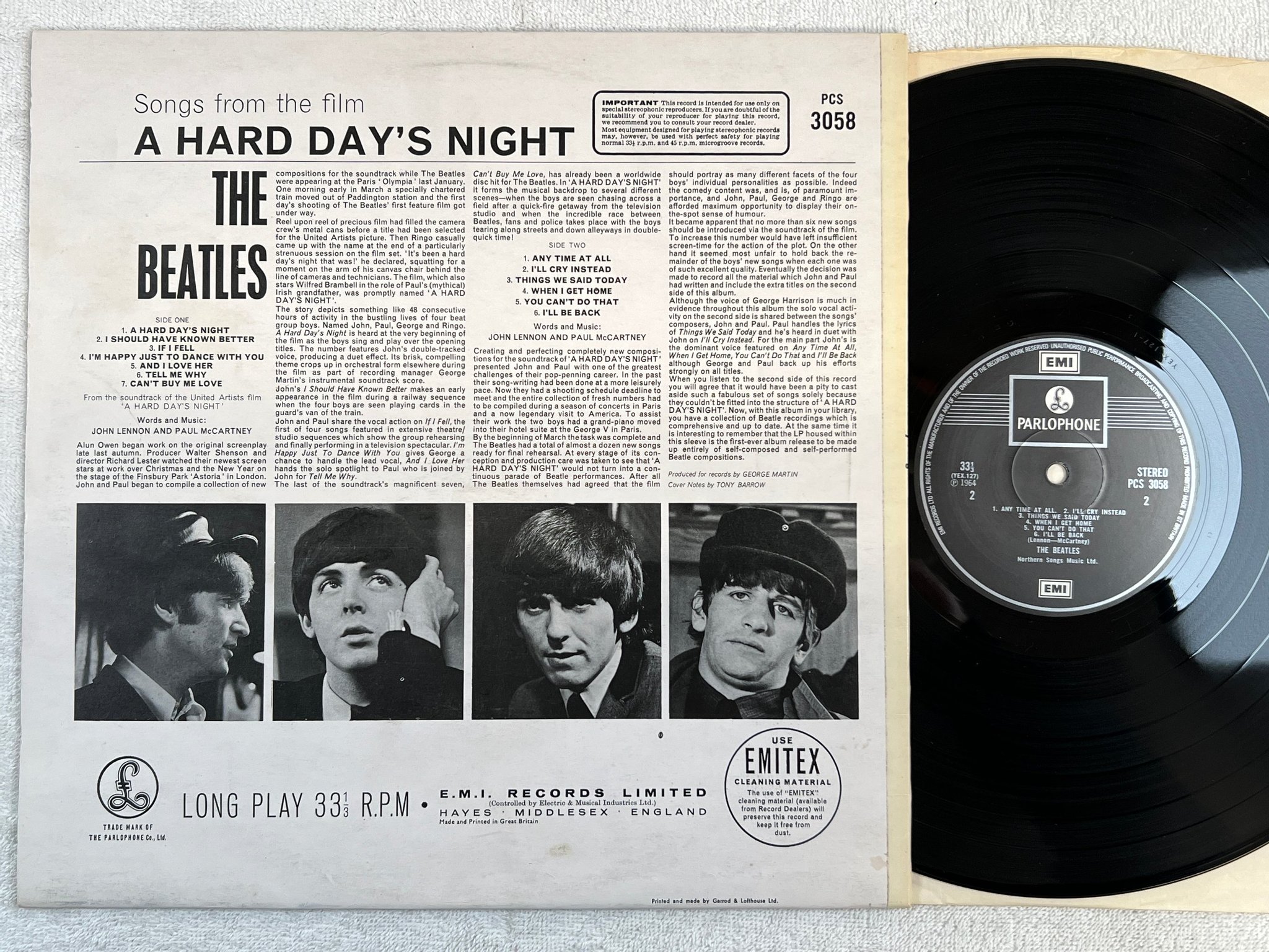 Omslagsbild för skivan THE BEATLES a hard day's night LP re UK EMI/PARLOPHONE PCS 3058