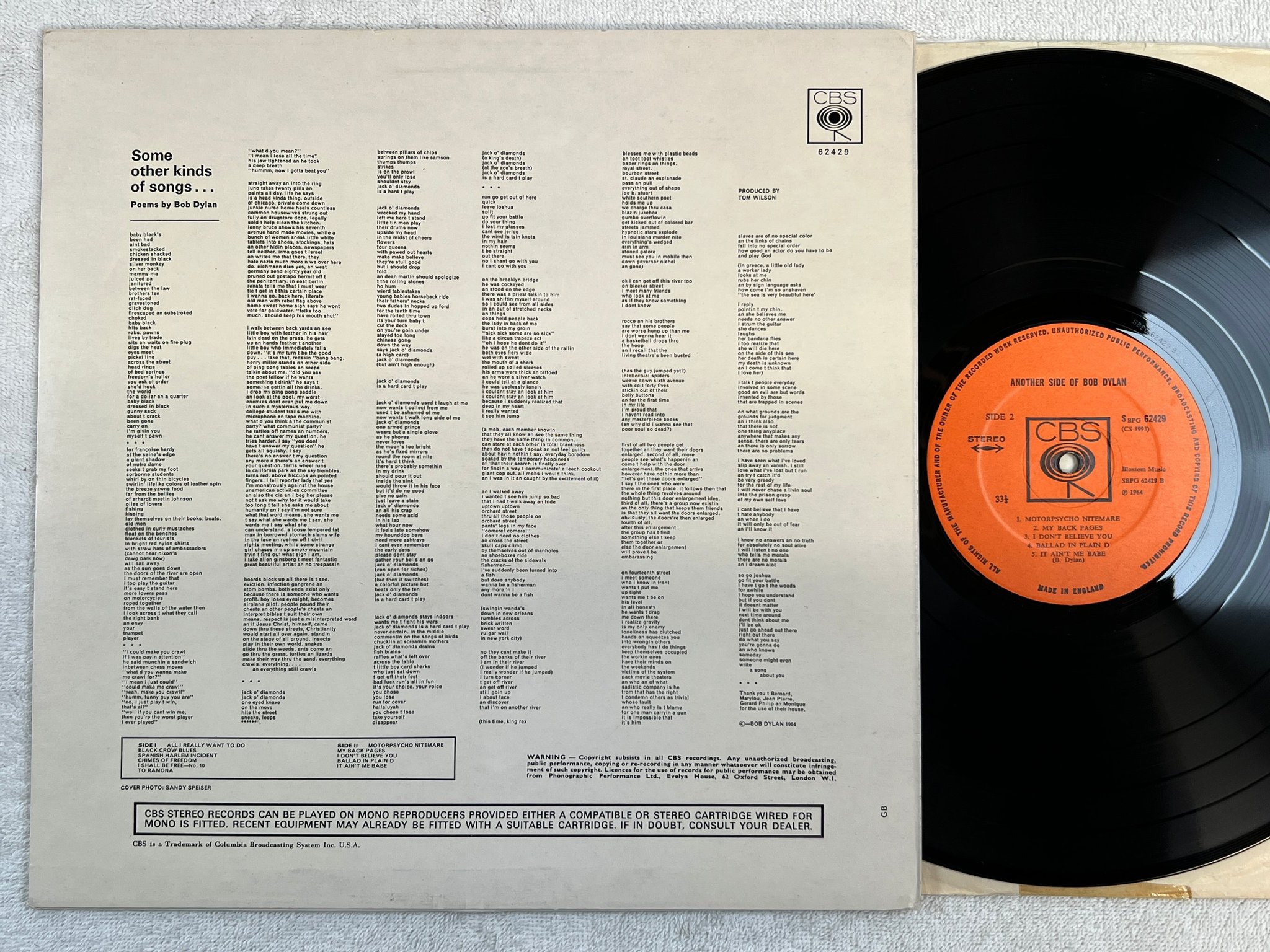 Omslagsbild för skivan BOB DYLAN another side of... LP UK CBS SPBG 62429