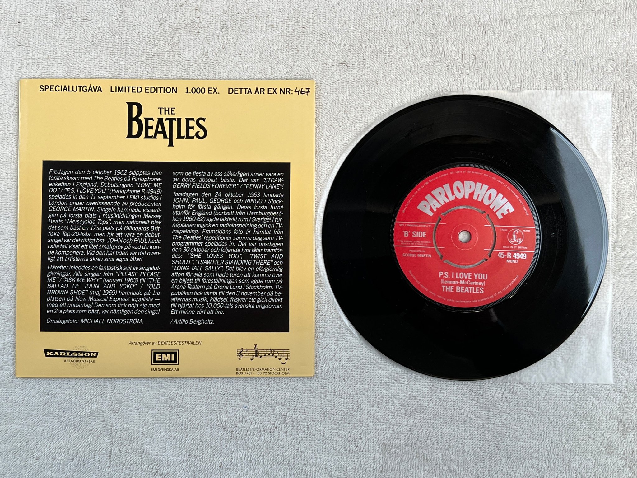 Omslagsbild för skivan THE BEATLES love me do 7"single -87 Swe Limited Edition, Numbered #467/100