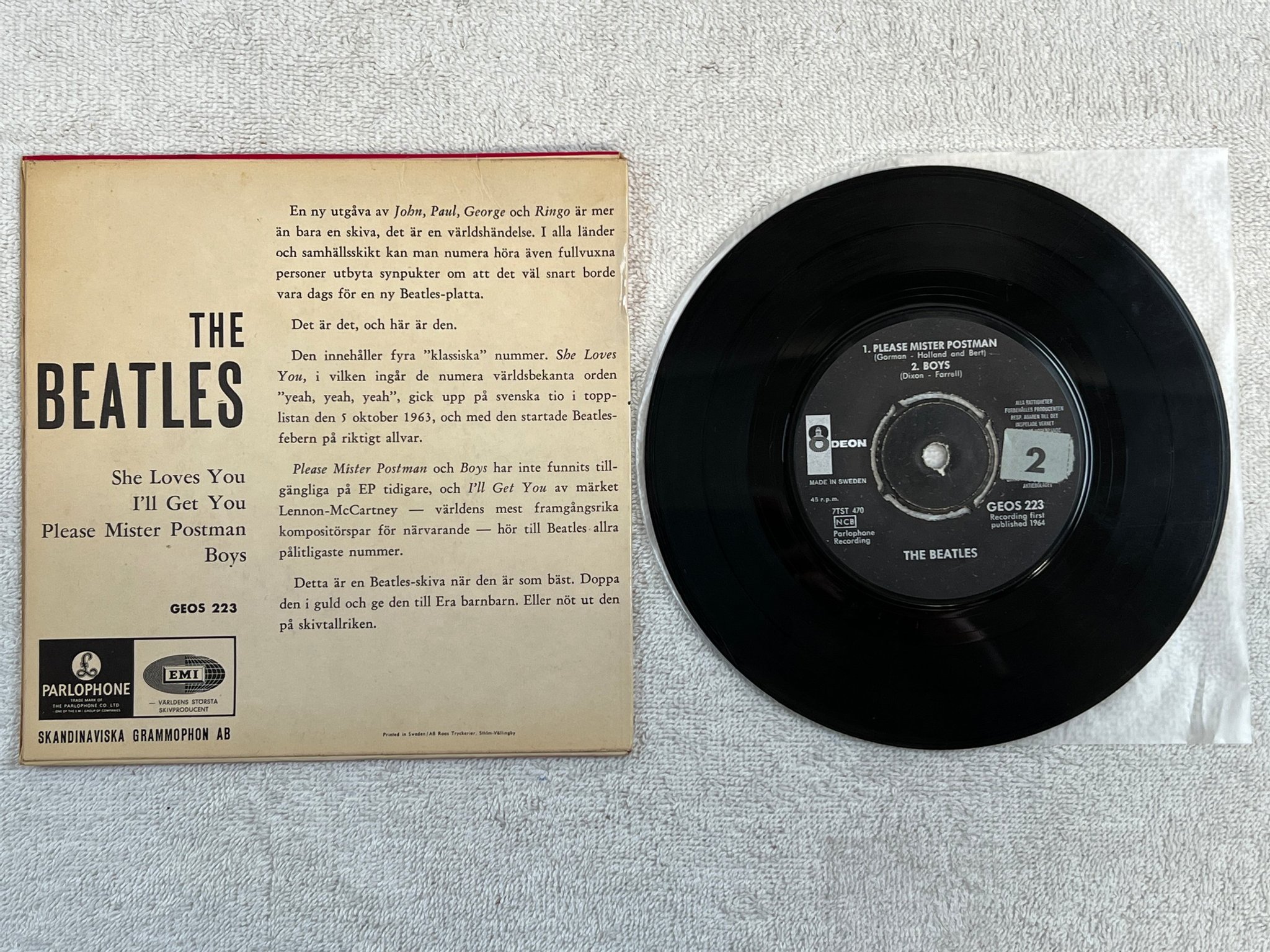 Omslagsbild för skivan THE BEATLES she love you 7"ep 1964 Swe ODEON GEOS 223