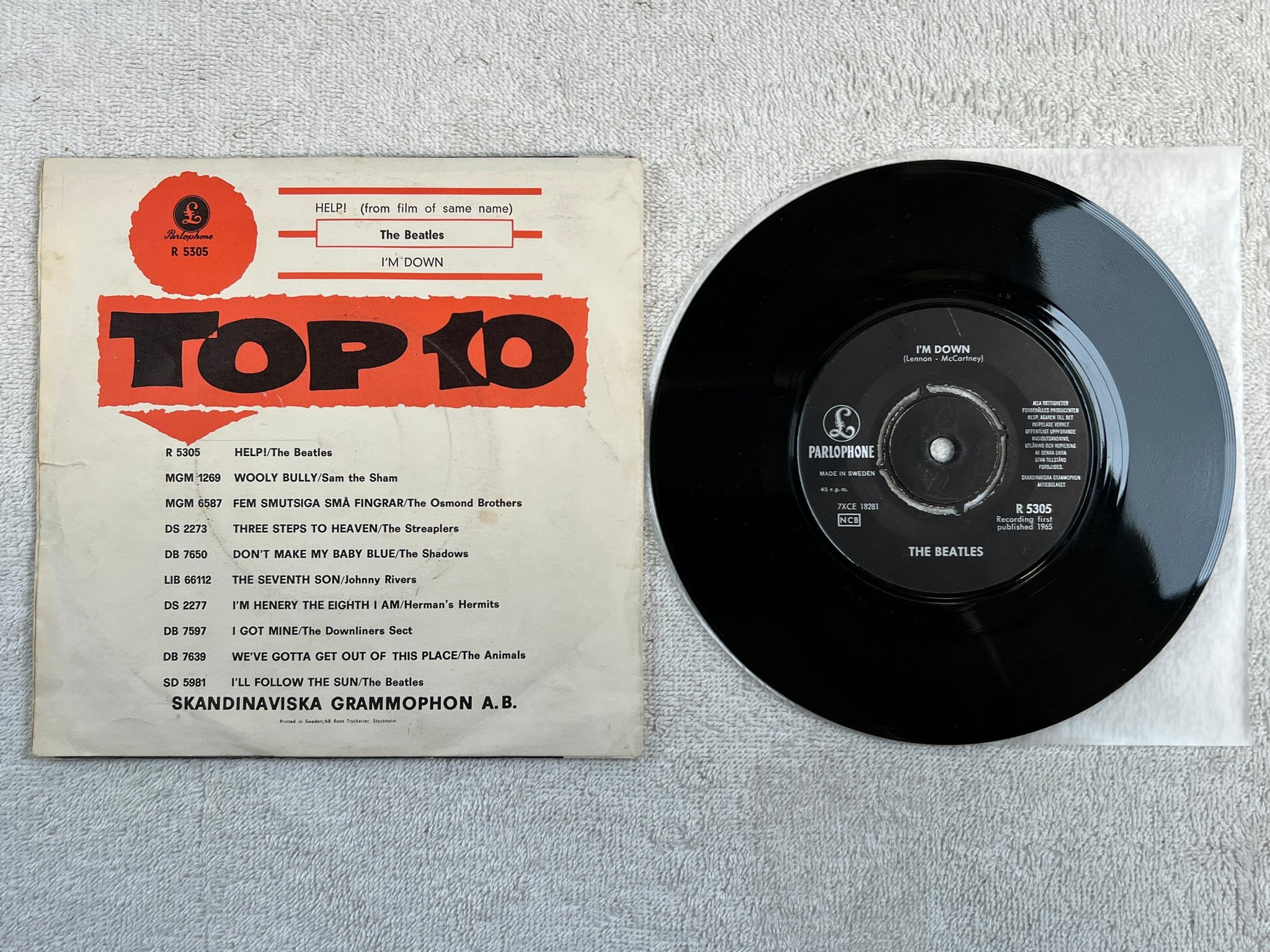 Omslagsbild för skivan THE BEATLES help 7"single -65 Swe PARLOPHONE R 5305