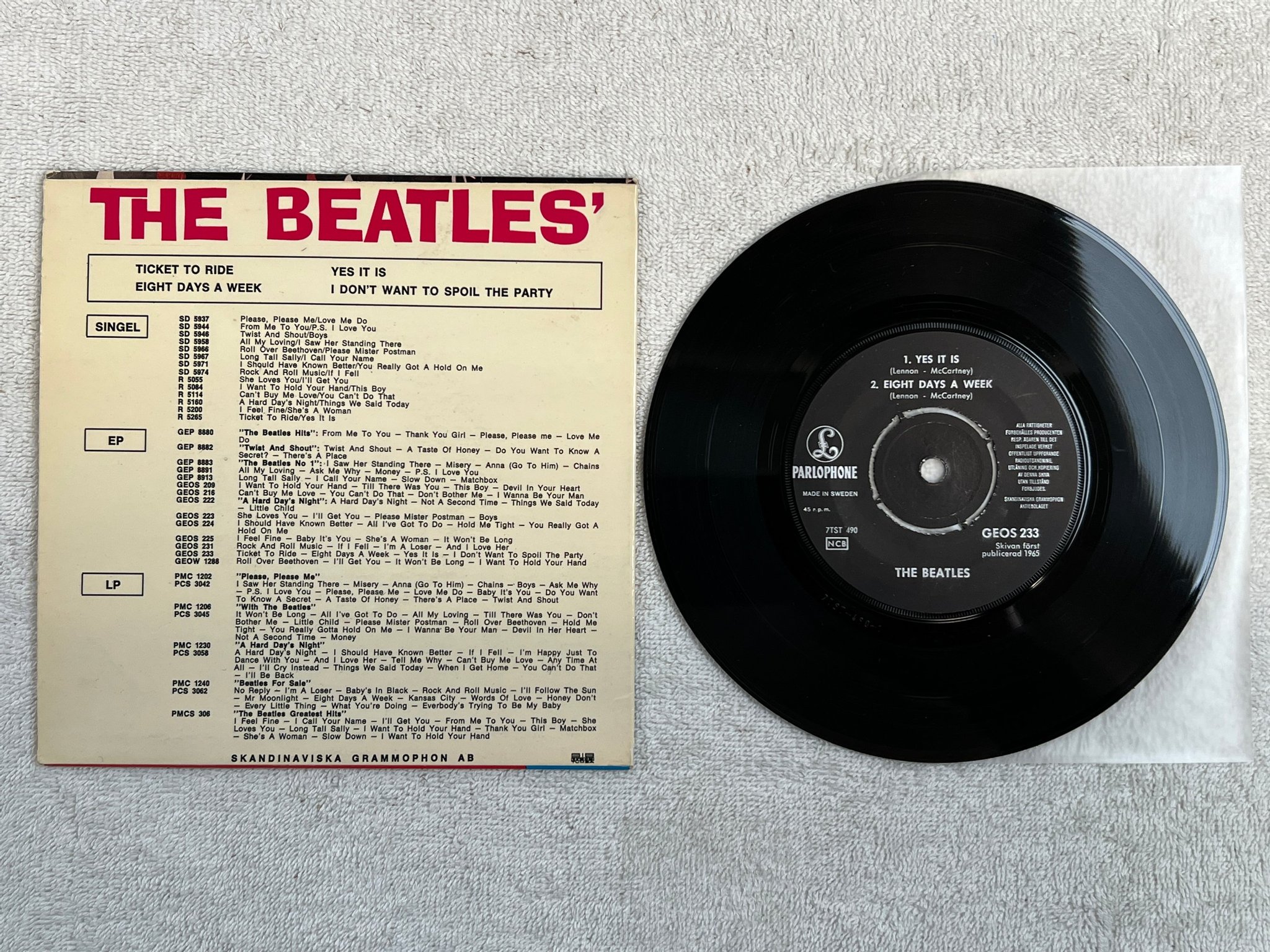 Omslagsbild för skivan THE BEATLES ticket to ride 7"ep -65 Swe PARLOPHONE GEOS 233