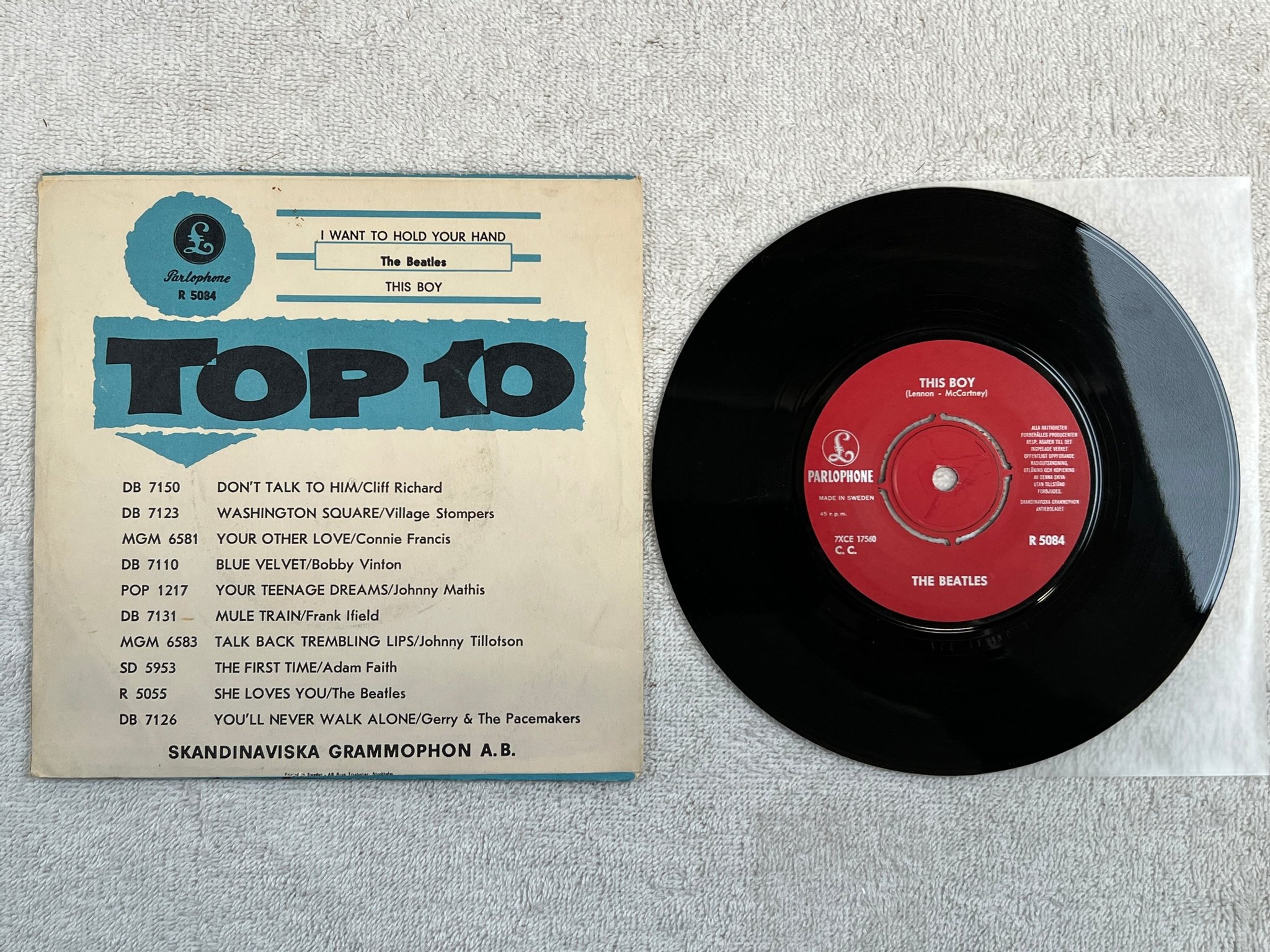 Omslagsbild för skivan THE BEATLES I want to hold your hand 7"single Swe PARLOPHONE R 5084