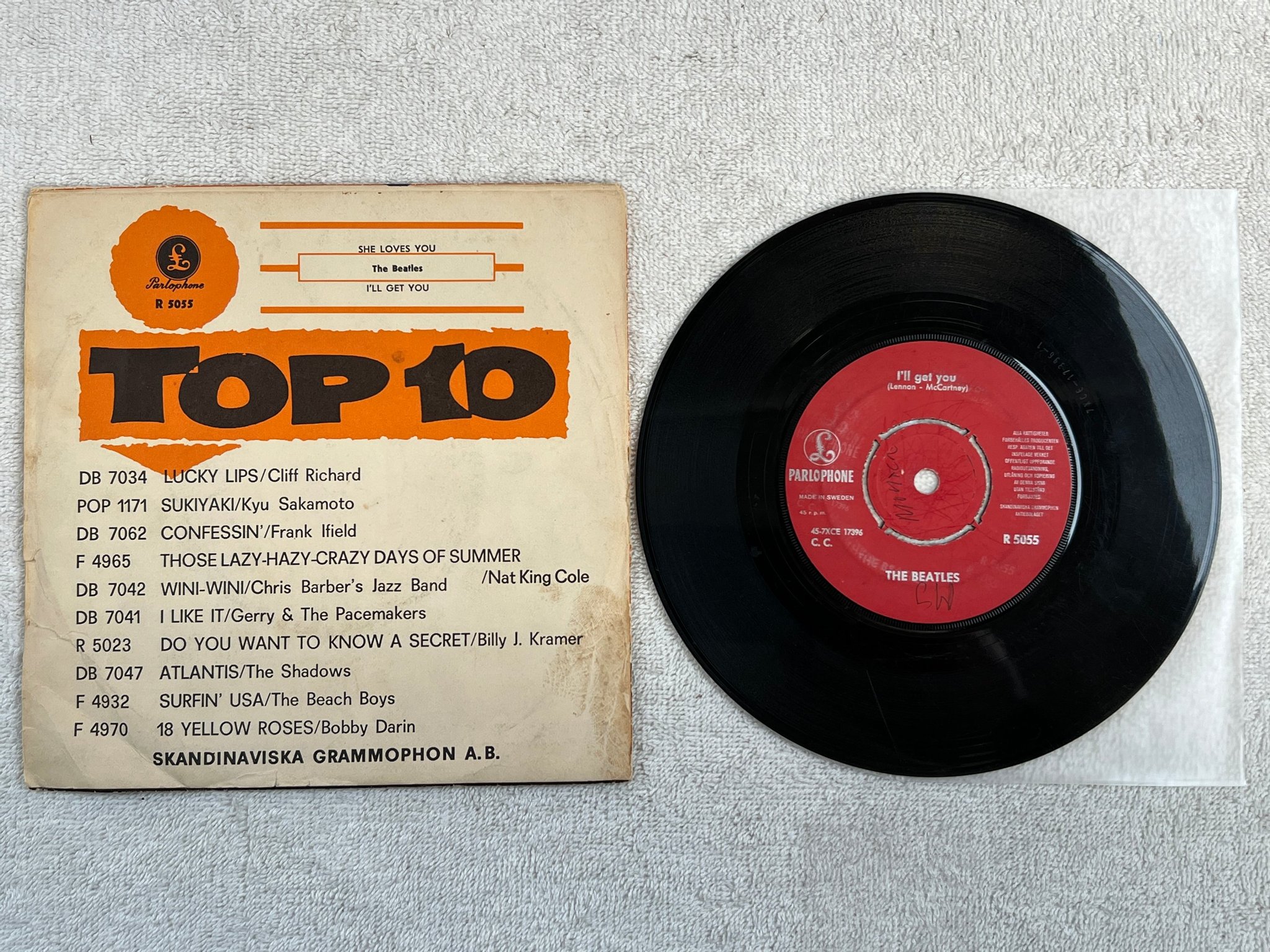 Omslagsbild för skivan THE BEATLES she loves you 7"single Swe PARLOPHONE R 5055