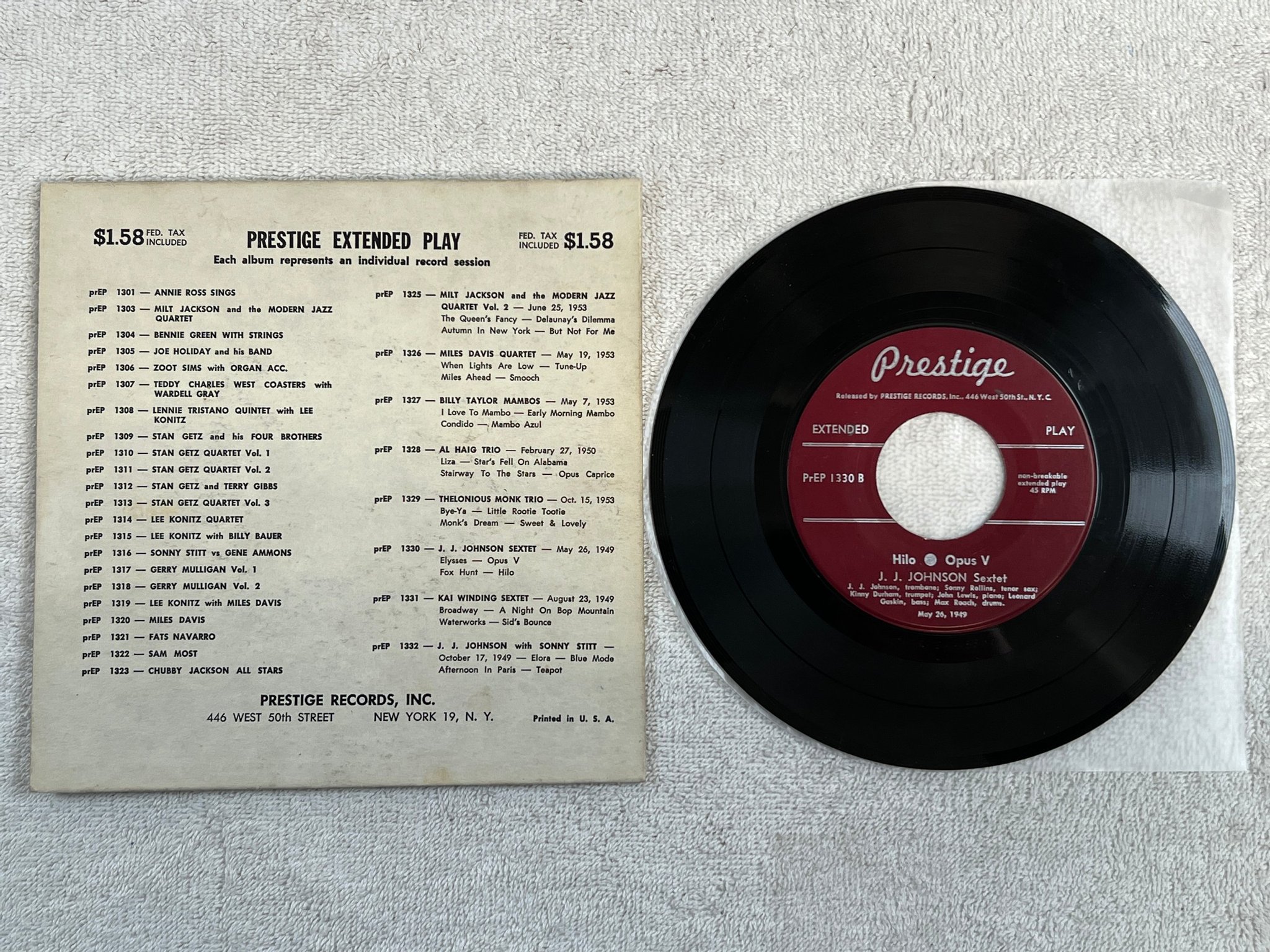 Omslagsbild för skivan J.J. JOHNSON SEXTET elysses 7"ep US PRESTIGE PrEP 1330