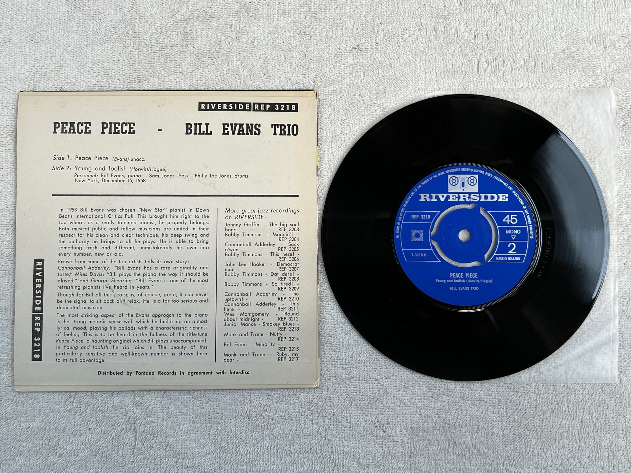 Omslagsbild för skivan BILL EVANS TRIO peace piece 7"single Hol RIVERSIDE REP 3218