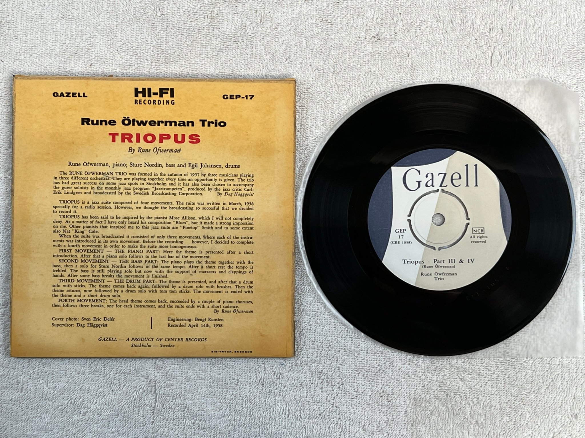 Omslagsbild för skivan RUNE ÖFWERMAN TRIO triopus 7"ep -58 Swe GAZELL GEP 17