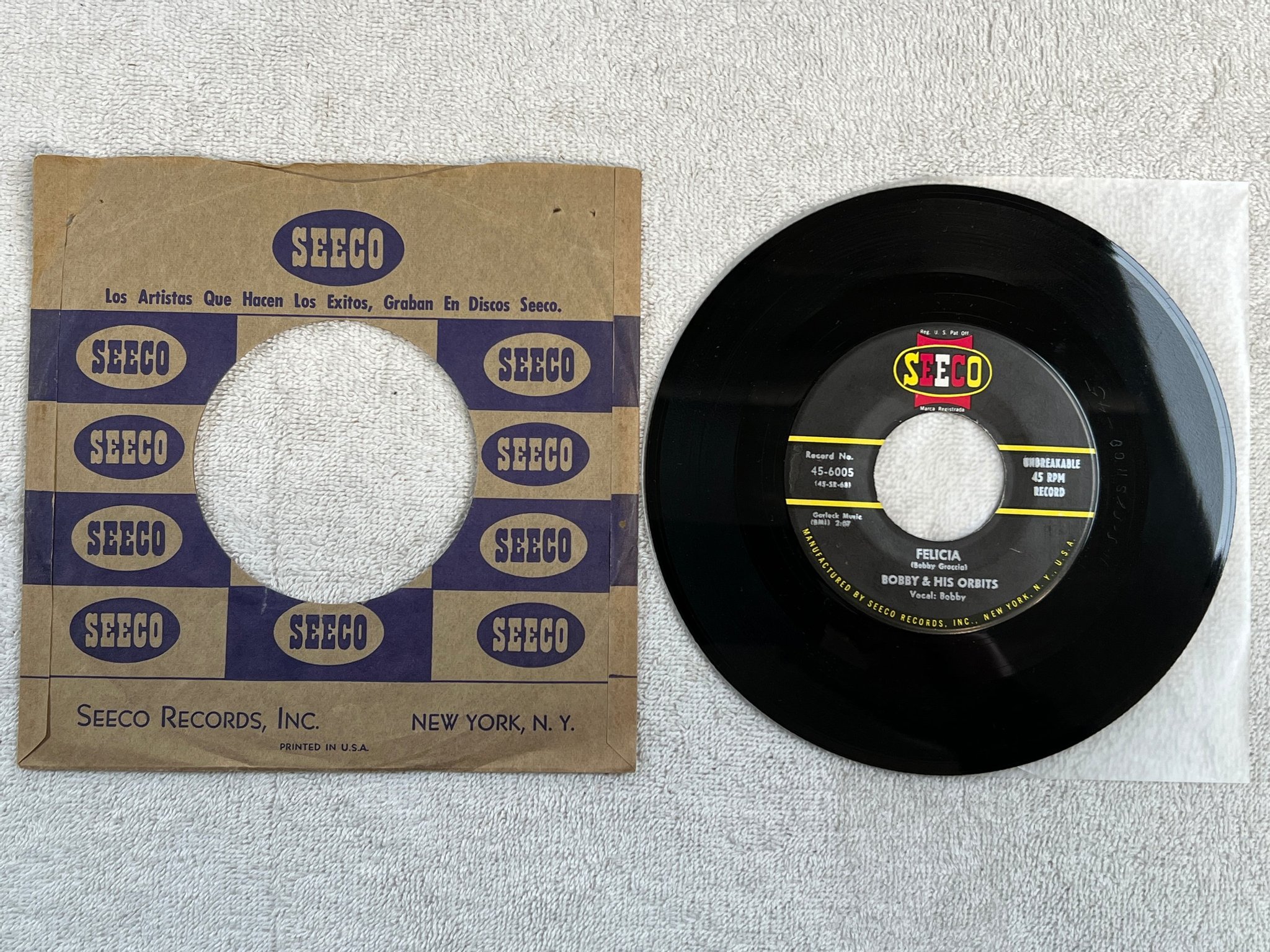 Omslagsbild för skivan BOBBY & HIS ORBITS Felicia 7"single -60 US SEECO 45-6067