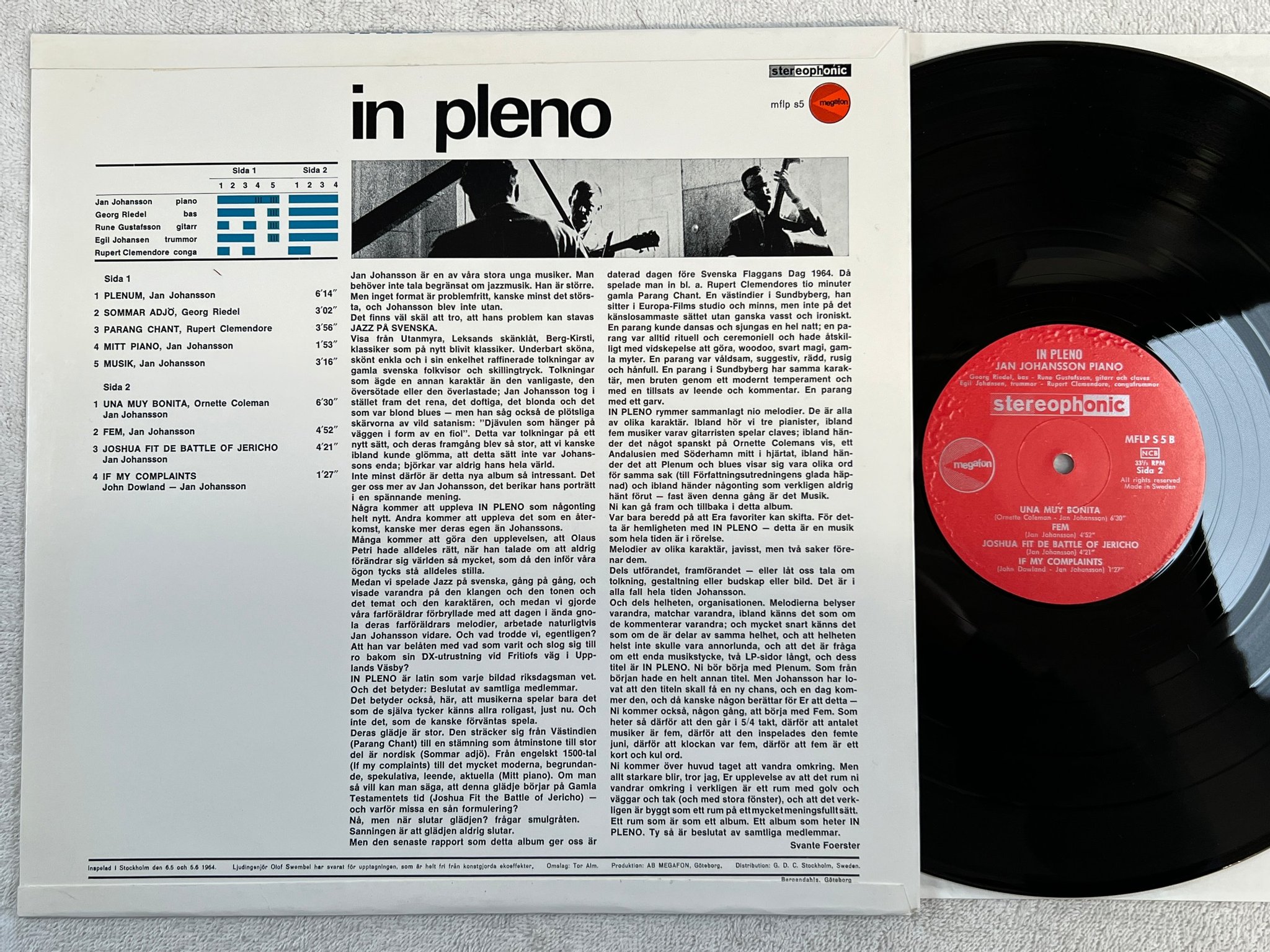 Omslagsbild för skivan JAN JOHANSSON in pleno LP  Swe MEGAFON MFLP S5