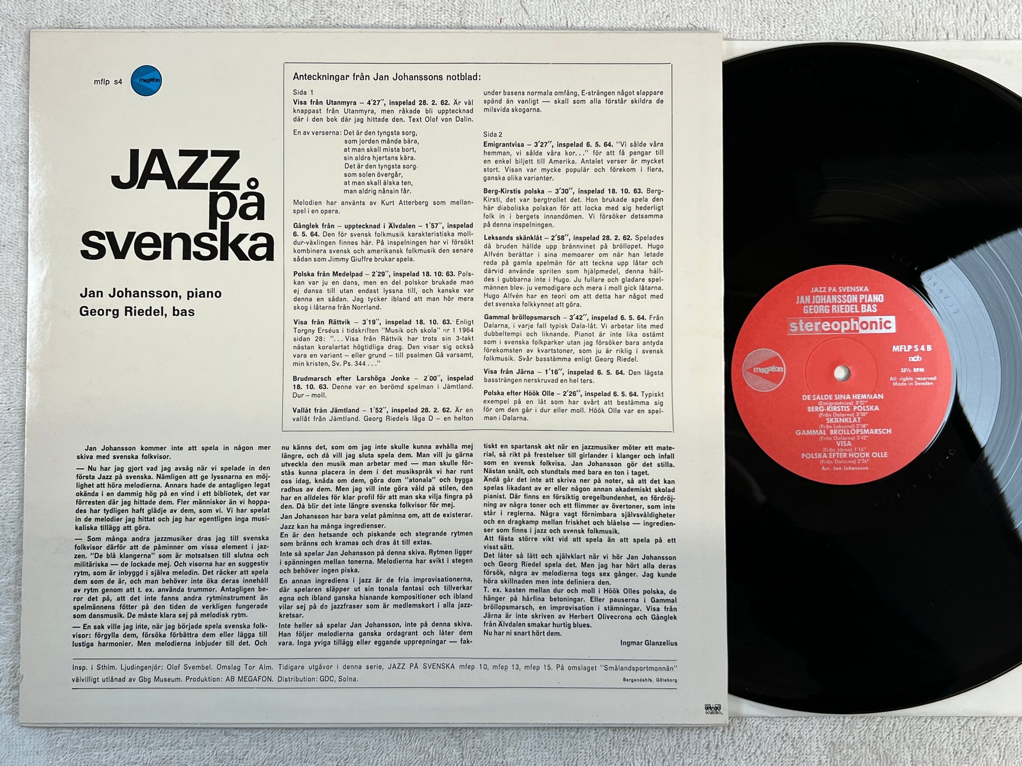 Omslagsbild för skivan JAN JOHANSSON jazz på svenska LP  Swe MEGAFON MFLP S4
