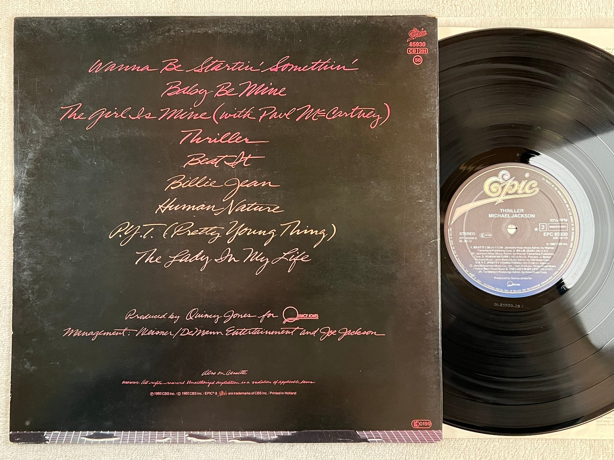 Omslagsbild för skivan MICHAEL JACKSON thriller LP -82 Hol EPIC EPC 85930 