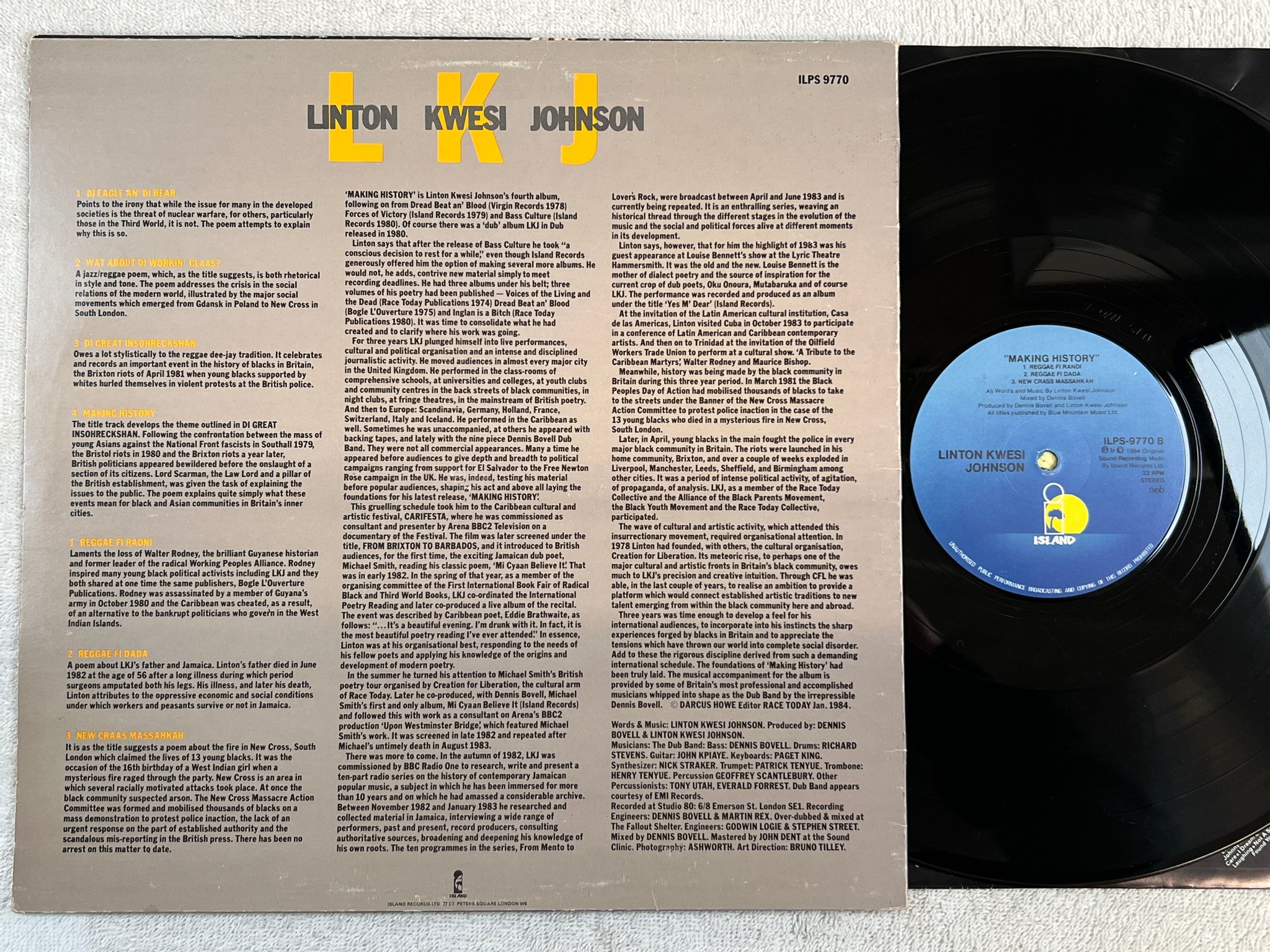 Omslagsbild för skivan LINTON KWESI JOHNSON making history LP -84 ncb ISLAND ILPS 9770