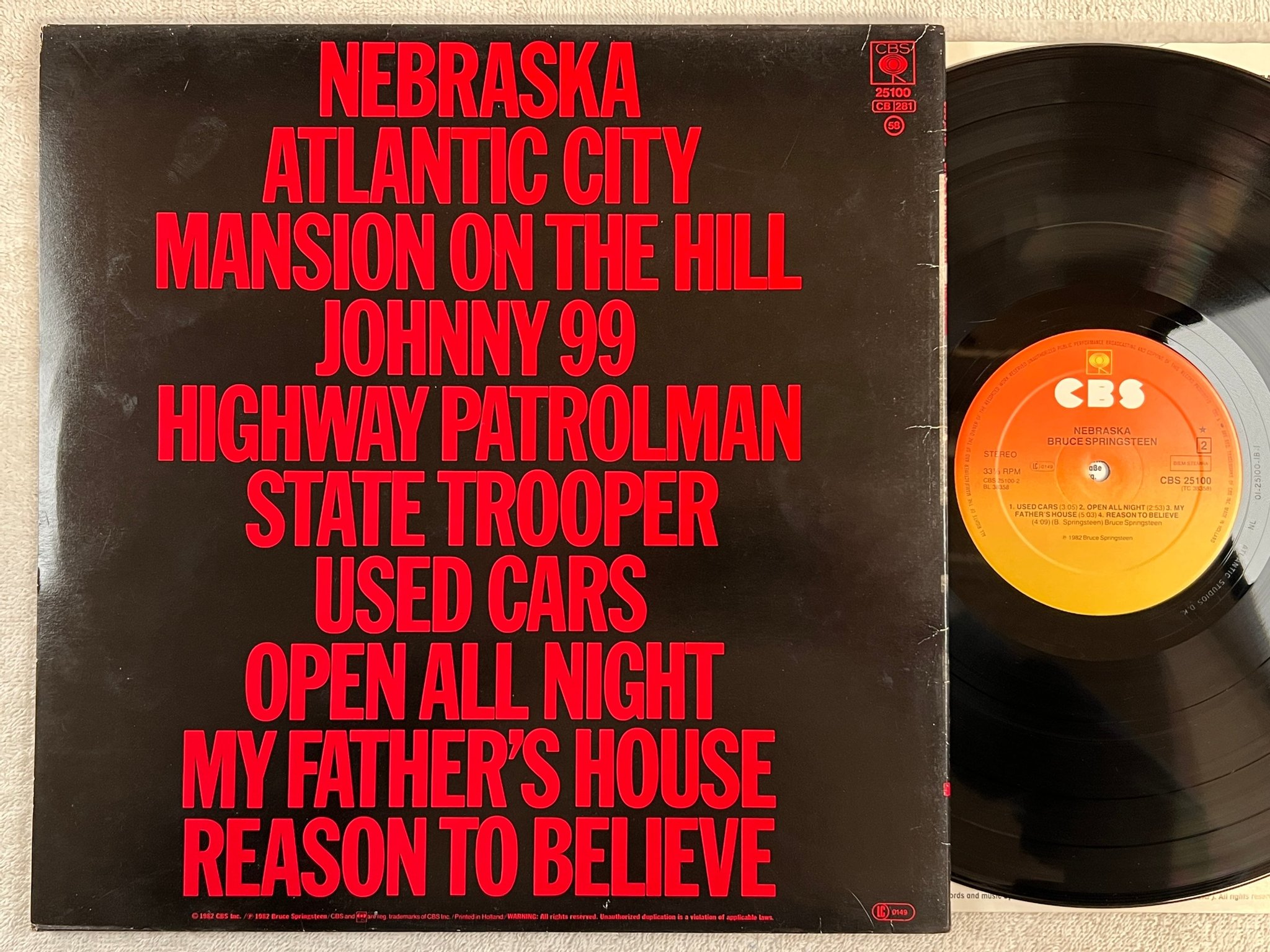 Omslagsbild för skivan BRUCE SPRINGSTEEN Nebraska LP re Hol CBS 25100