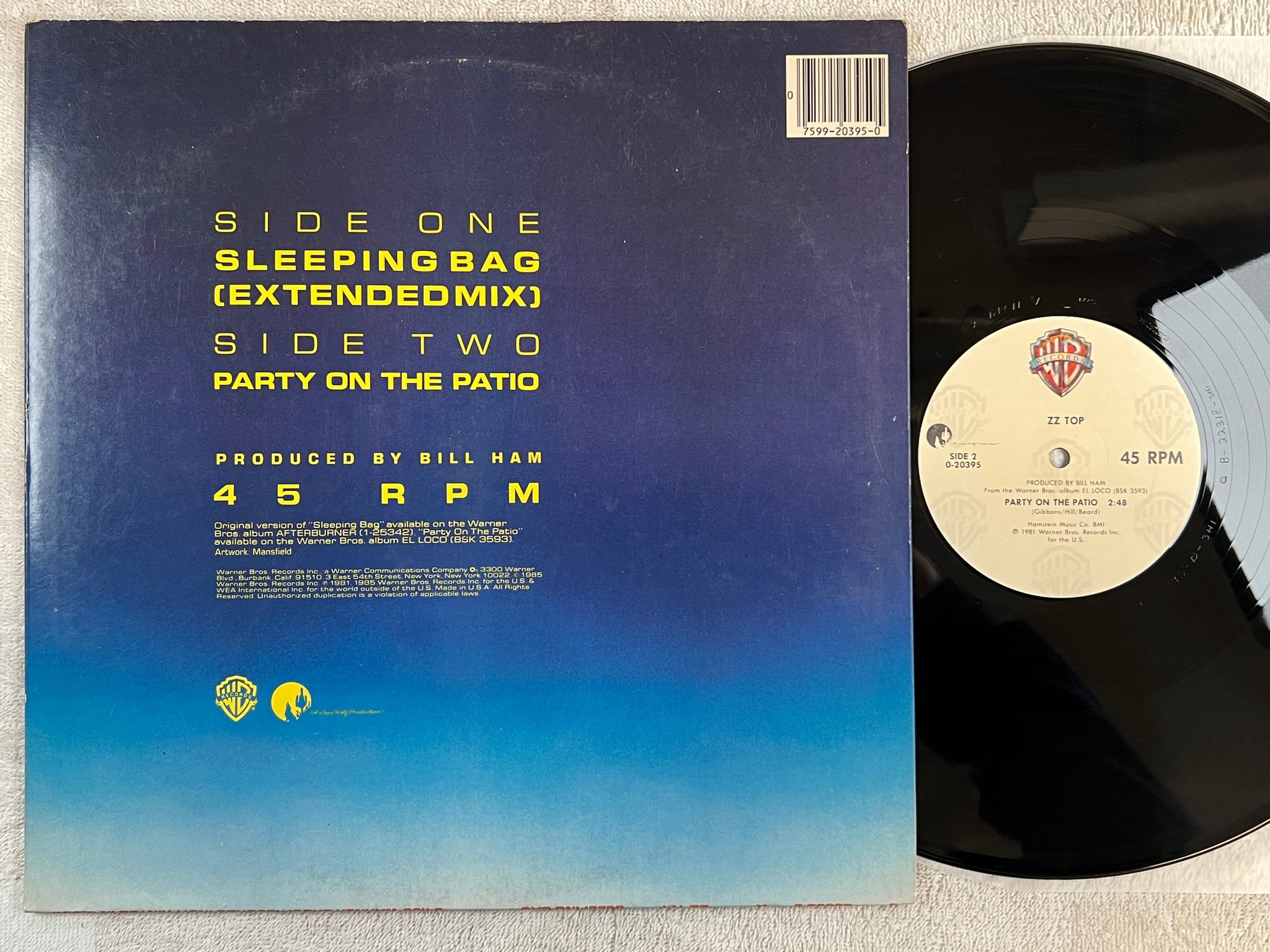 Omslagsbild för skivan ZZ TOP sleeping bag 12”single -85 US WARNER BROS 0-20395 promo stamp