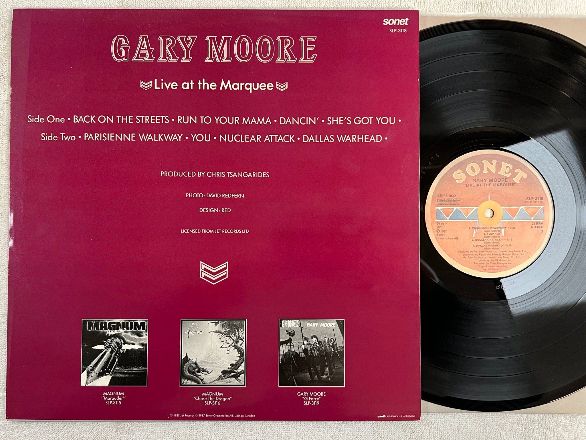 Omslagsbild för skivan GARY MOORE live at the marquee LP -87 ncb SONET SLP-3118