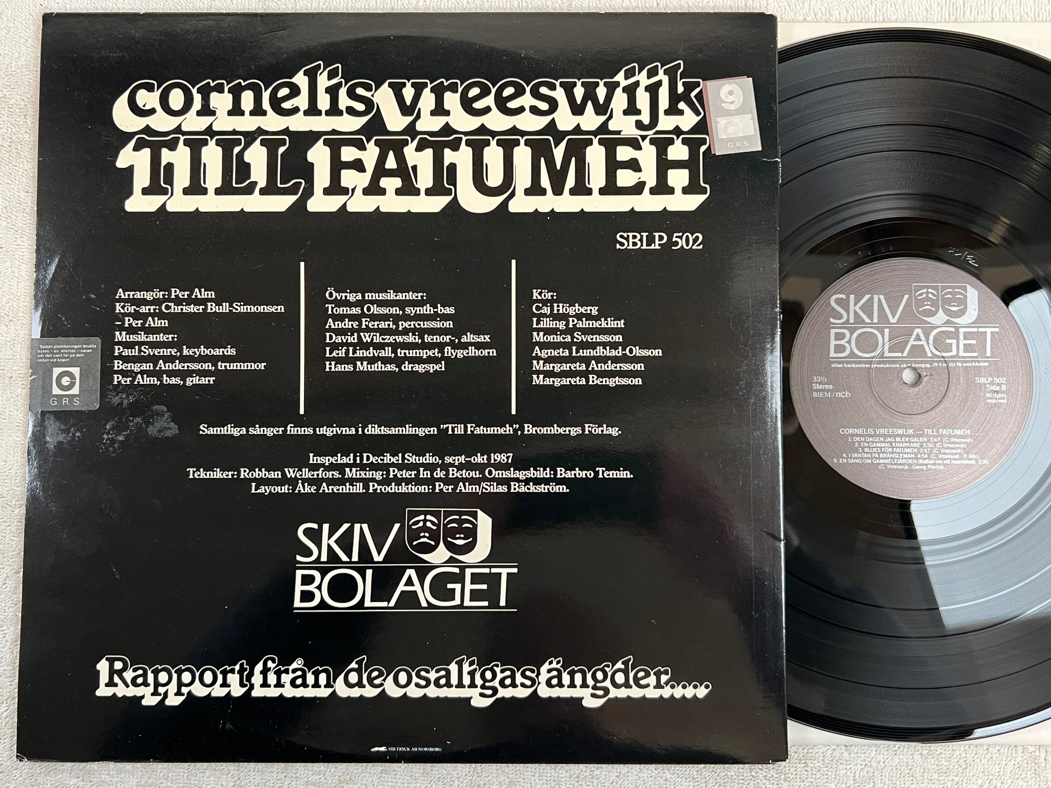 Omslagsbild för skivan CORNELIS VREESWIJK till Fatumeh LP -87 Swe SKIVBOLAGET SBLP 502