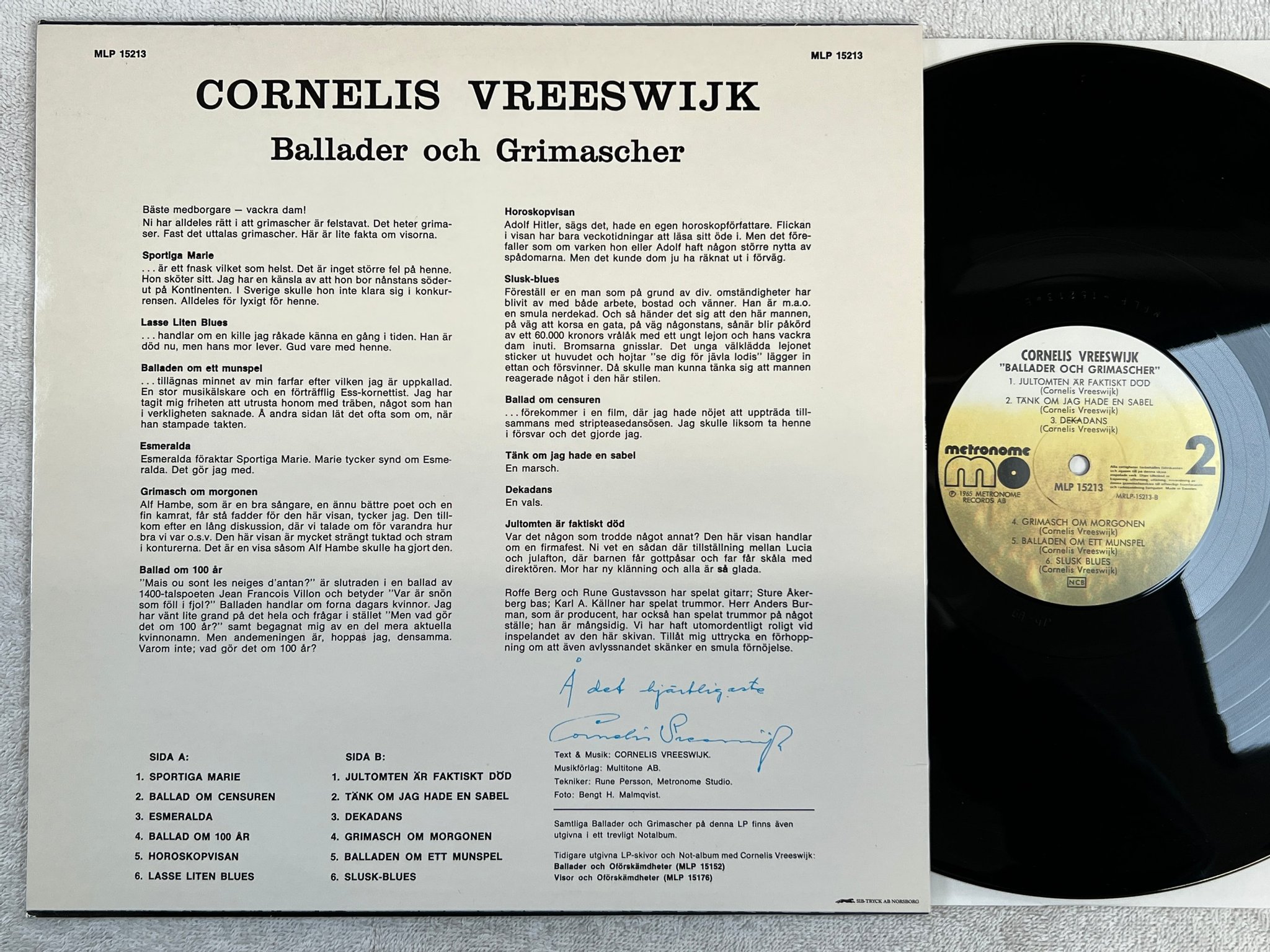 Omslagsbild för skivan CORNELIS VREESWIJK ballader och grimascher LP re METRONOME MRLP 15213