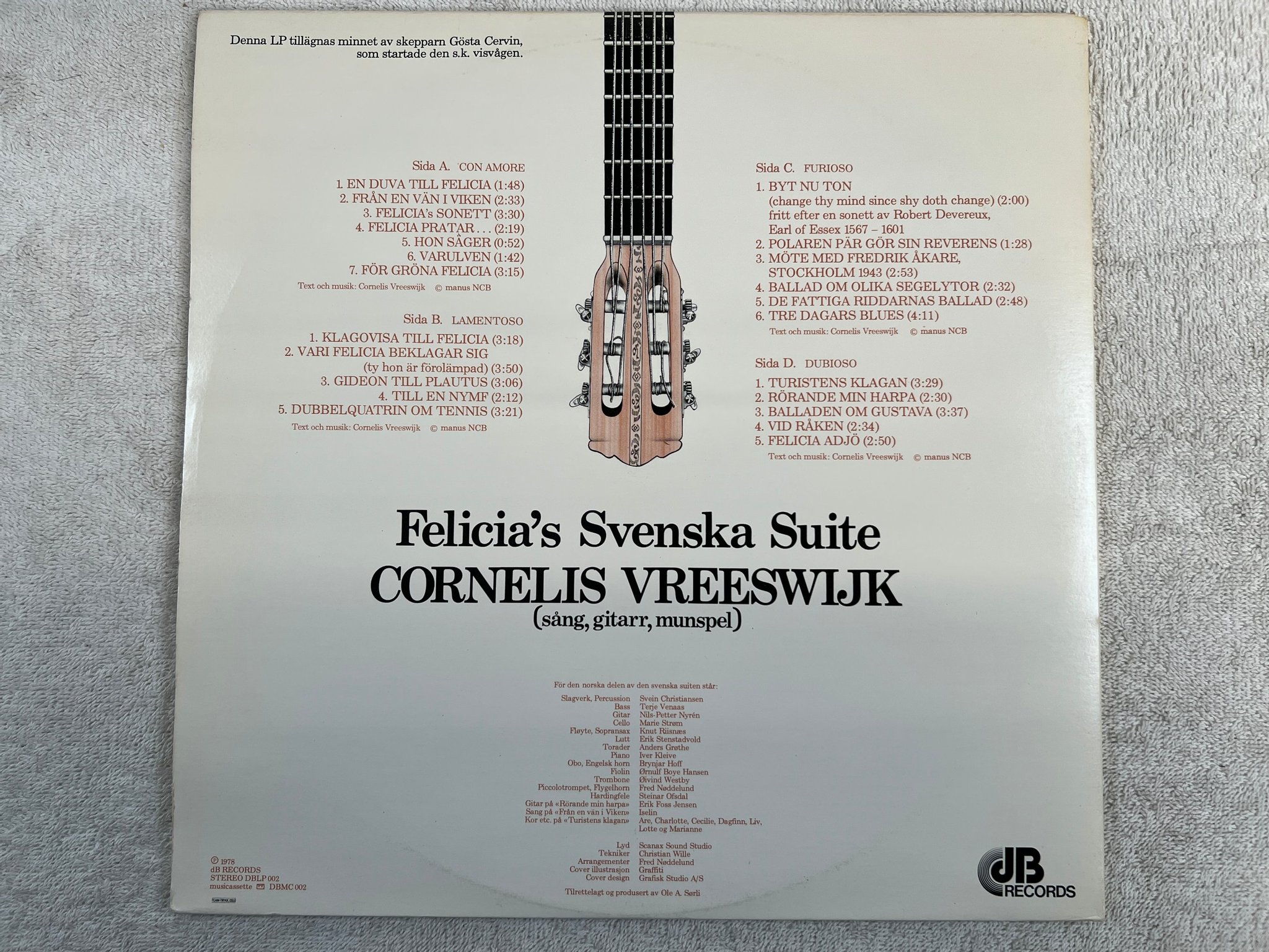 Omslagsbild för skivan CORNELIS VREESWIJK Felicia's svenska suite 2xLP Norway DB RECORDS DBLP 002