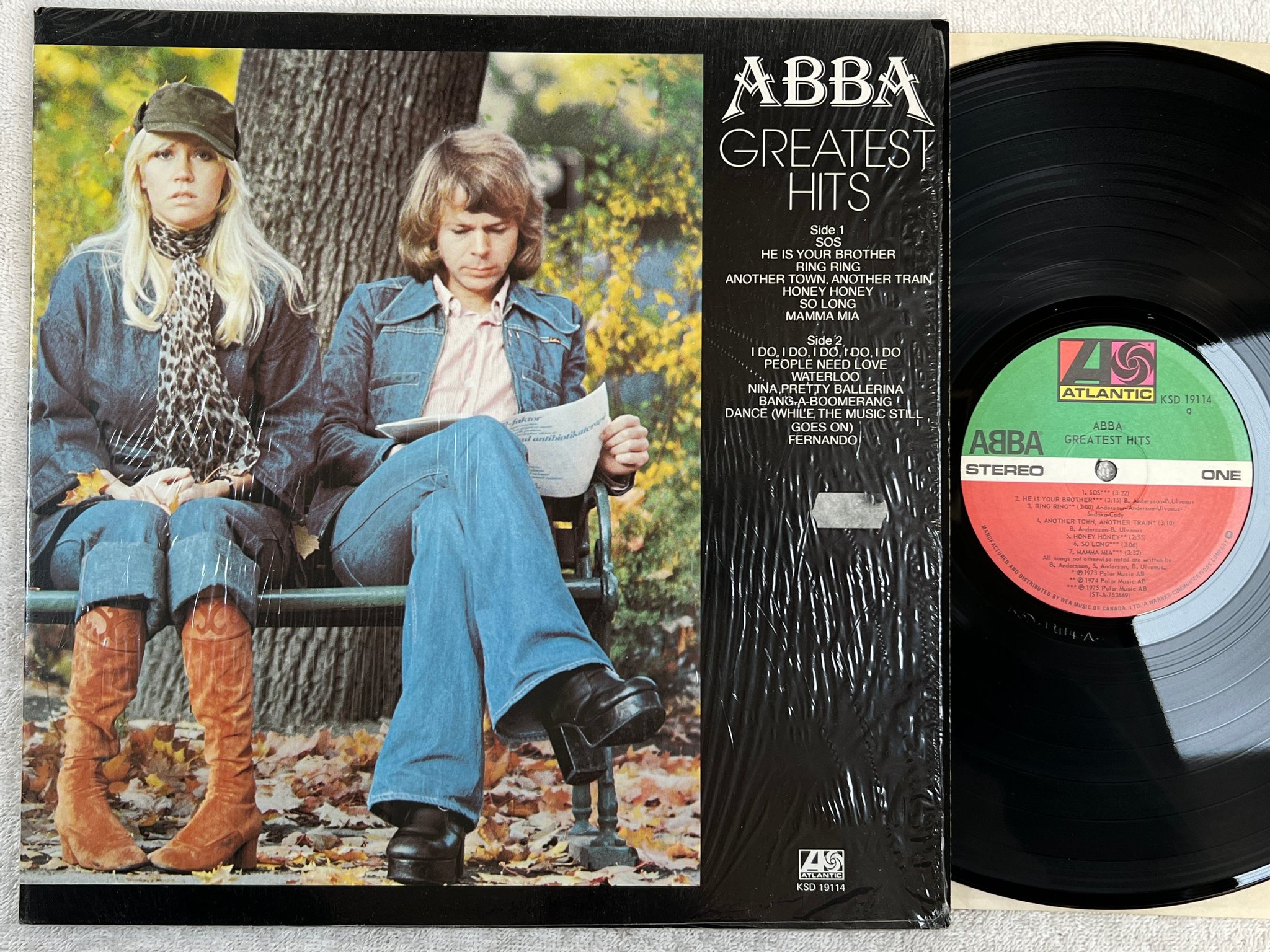 Omslagsbild för skivan ABBA greatest hits LP -76 Can ATLANTIC KSD 19114 shrink