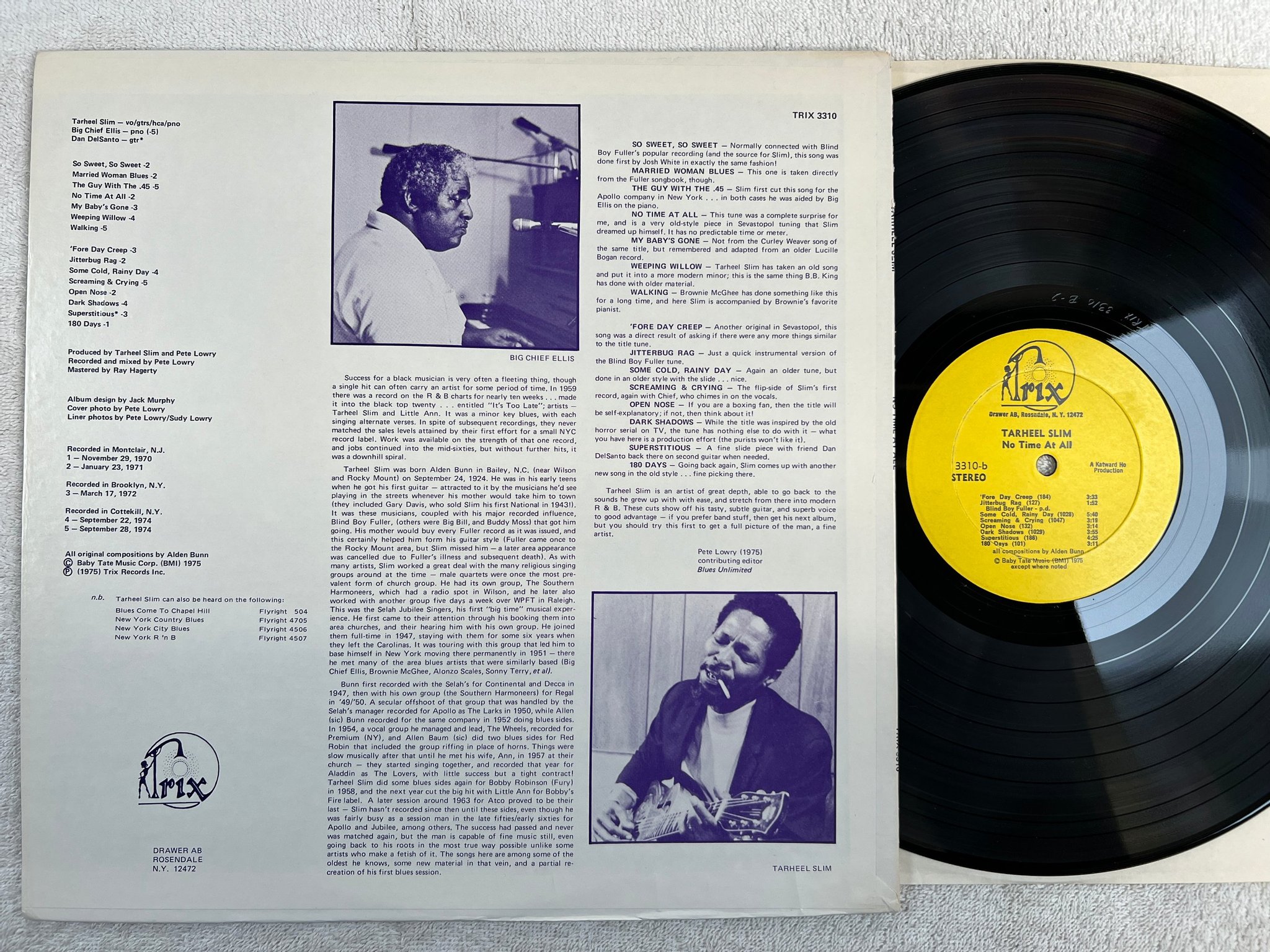 Omslagsbild för skivan TARHEEL SLIM no time at all LP -75 US TRIX 3310 blues