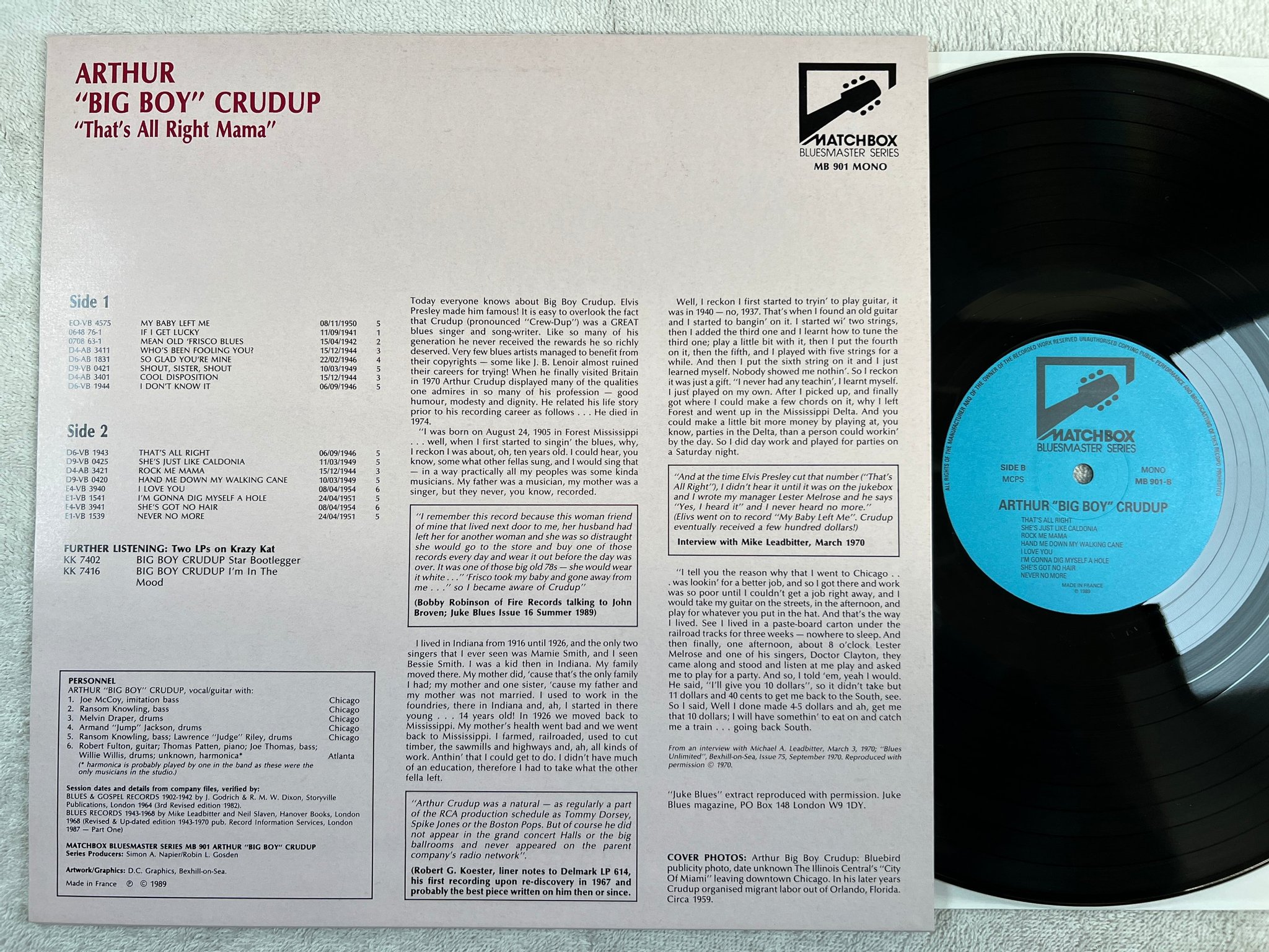 Omslagsbild för skivan ARTHUR "BIG BOY" CRUDUP That's All Right Mama LP -89 Fra MARCHBOX MB 901