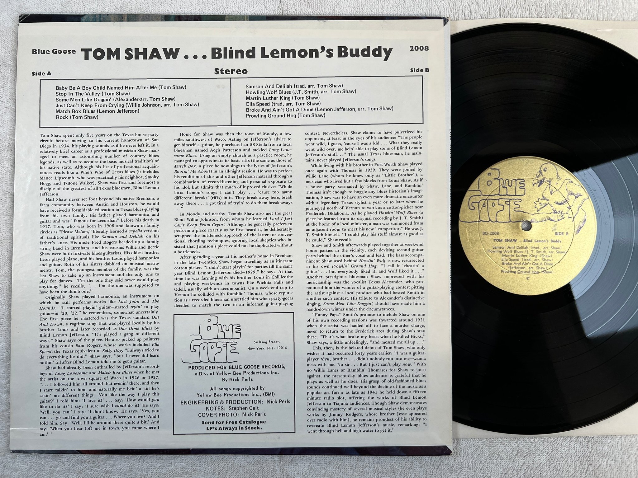 Omslagsbild för skivan TOM SHAW blind lemon's buddy LP -72 US BLUE GOOSE BG 2008 Texas blues
