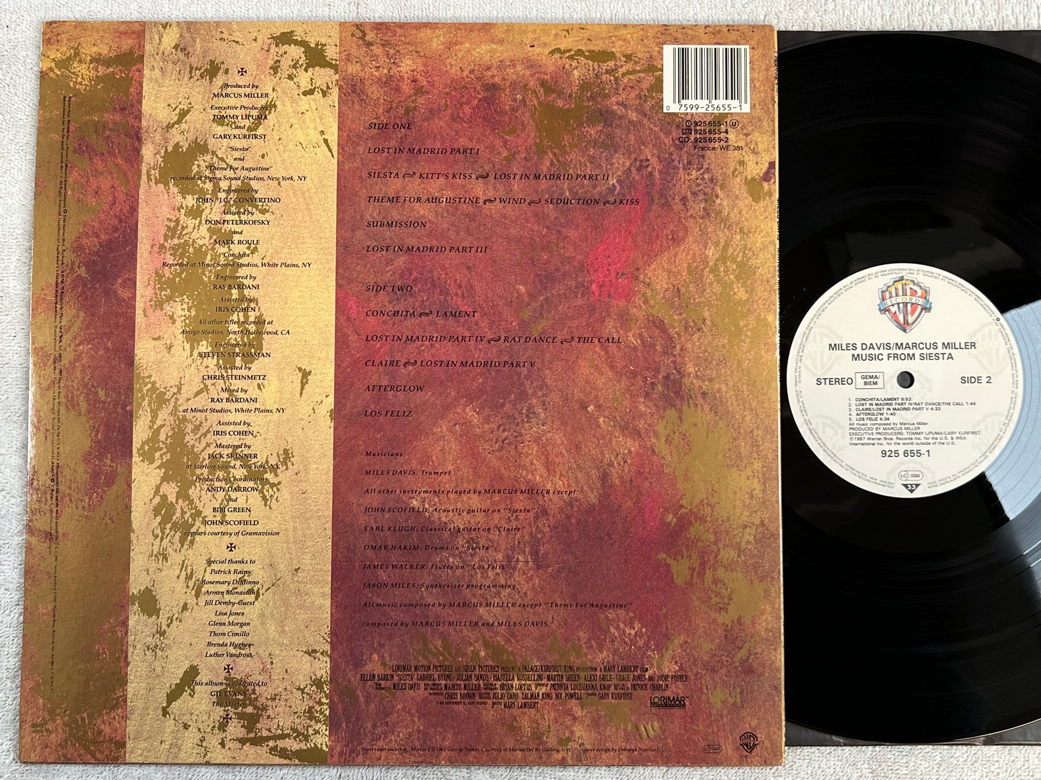 Omslagsbild för skivan MILES DAVIS / MARCUS MILLER music from siesta LP -87 Ger WARNER 925 655-1