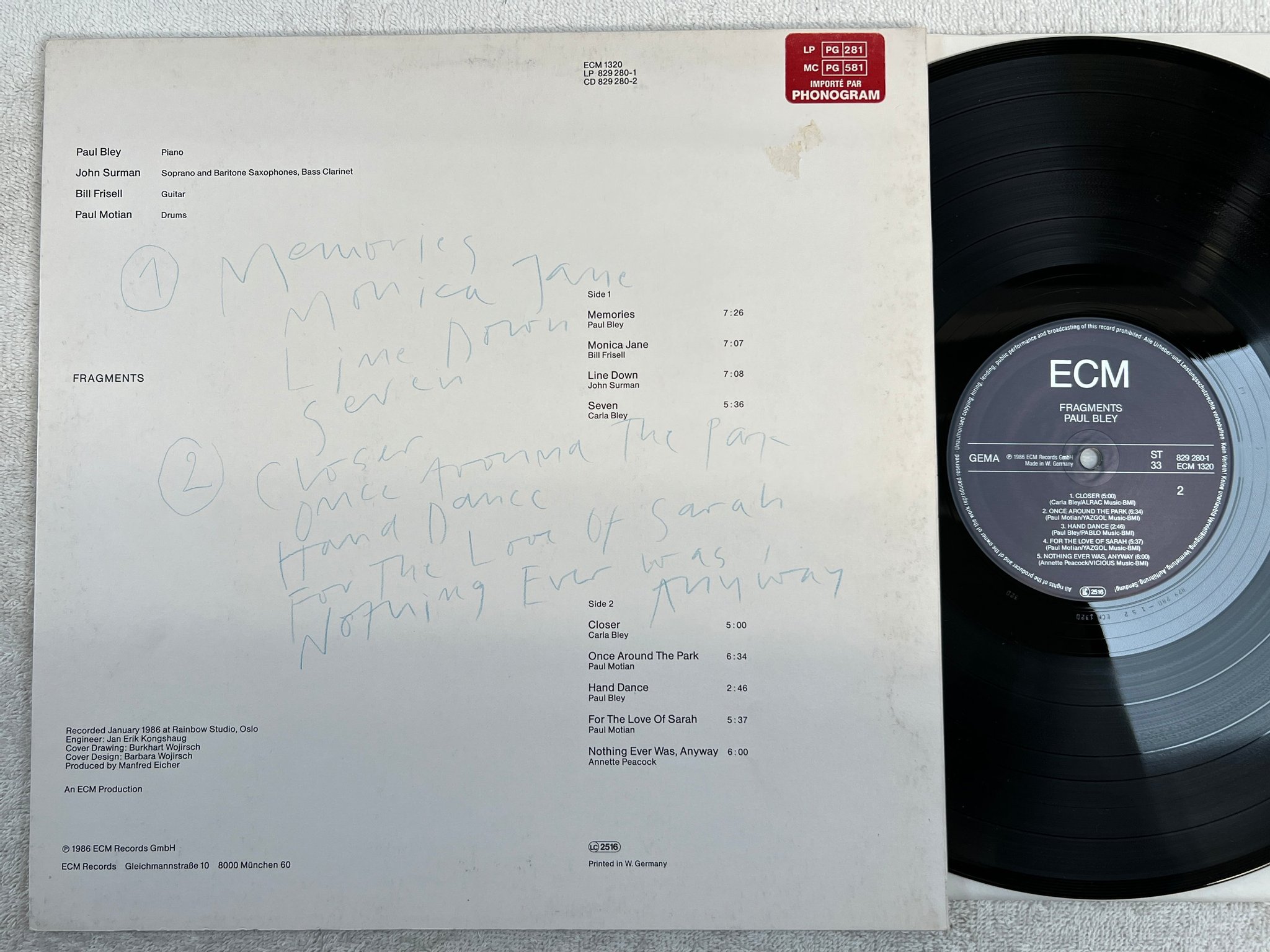 Omslagsbild för skivan PAUL BLEY fragments LP -86 Ger ECM 829 280-1