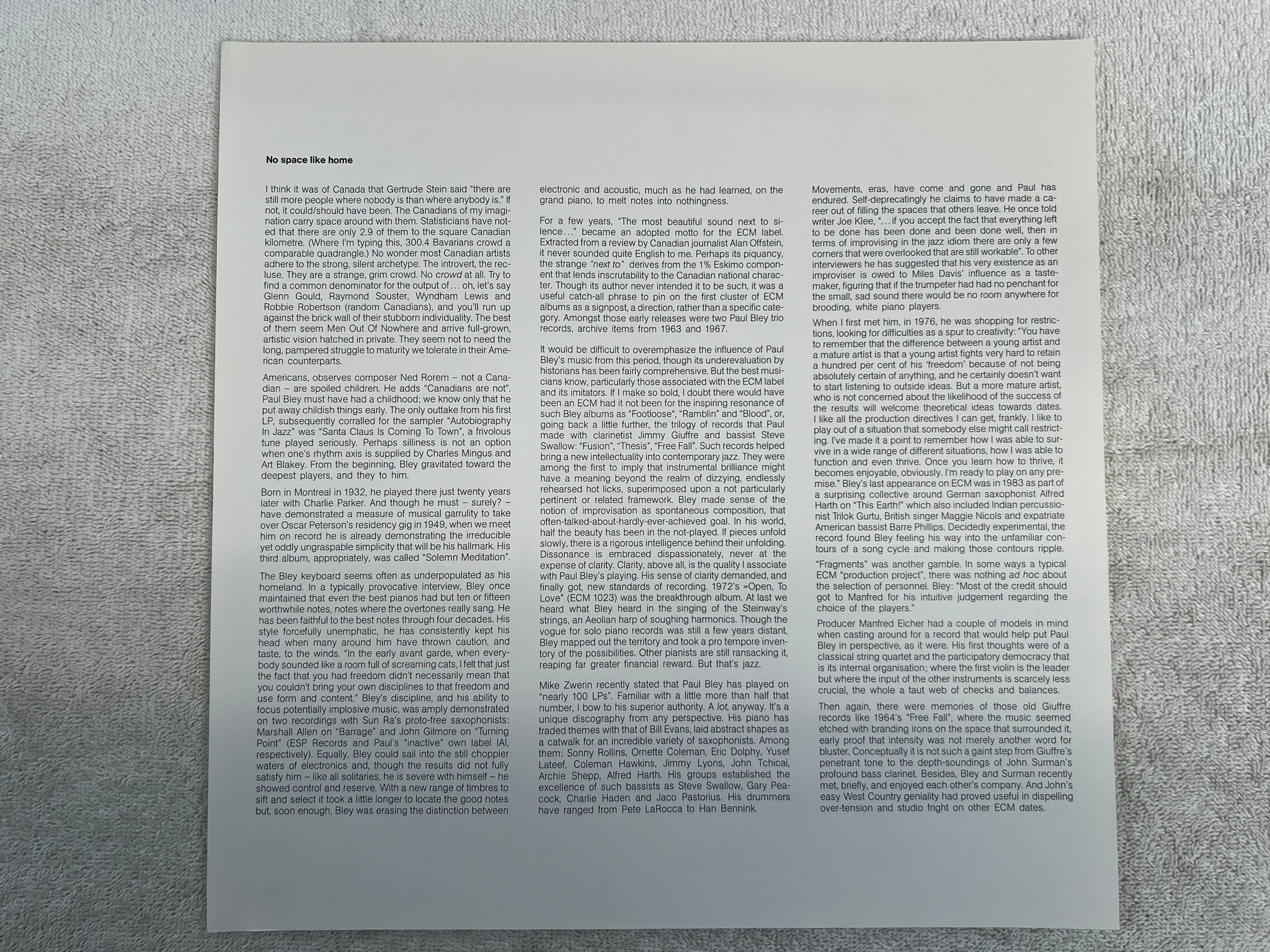 Omslagsbild för skivan PAUL BLEY fragments LP -86 Ger ECM 829 280-1