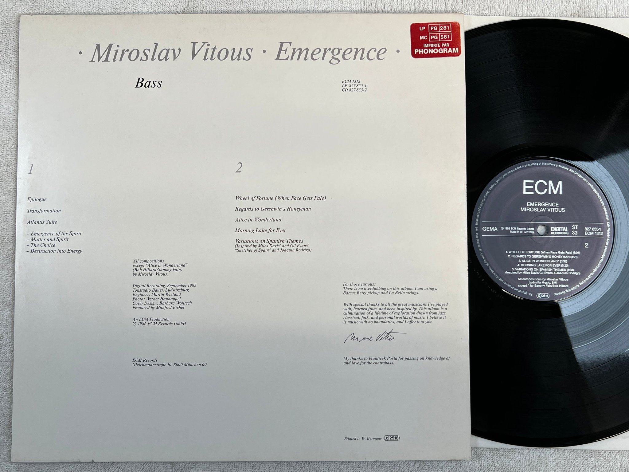 Omslagsbild för skivan MIROSLAV VITOUS emergence LP -86 Ger ECM 1312
