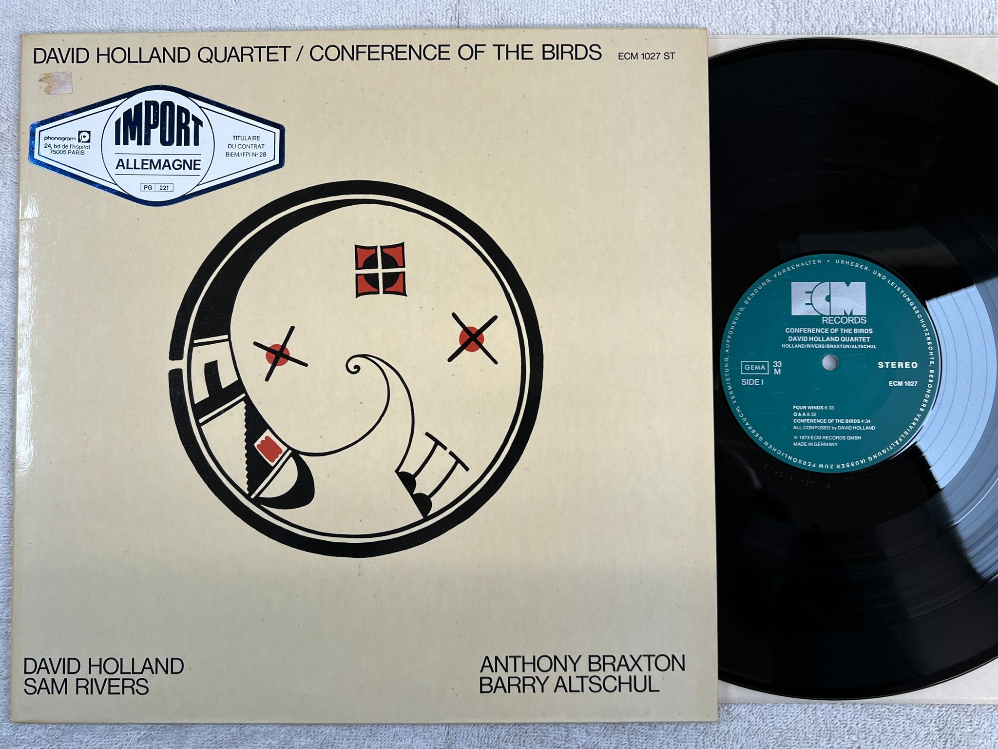 Omslagsbild för skivan DAVID HOLLAND QUARTET conference of the birds LP -73 Ger ECM 1027