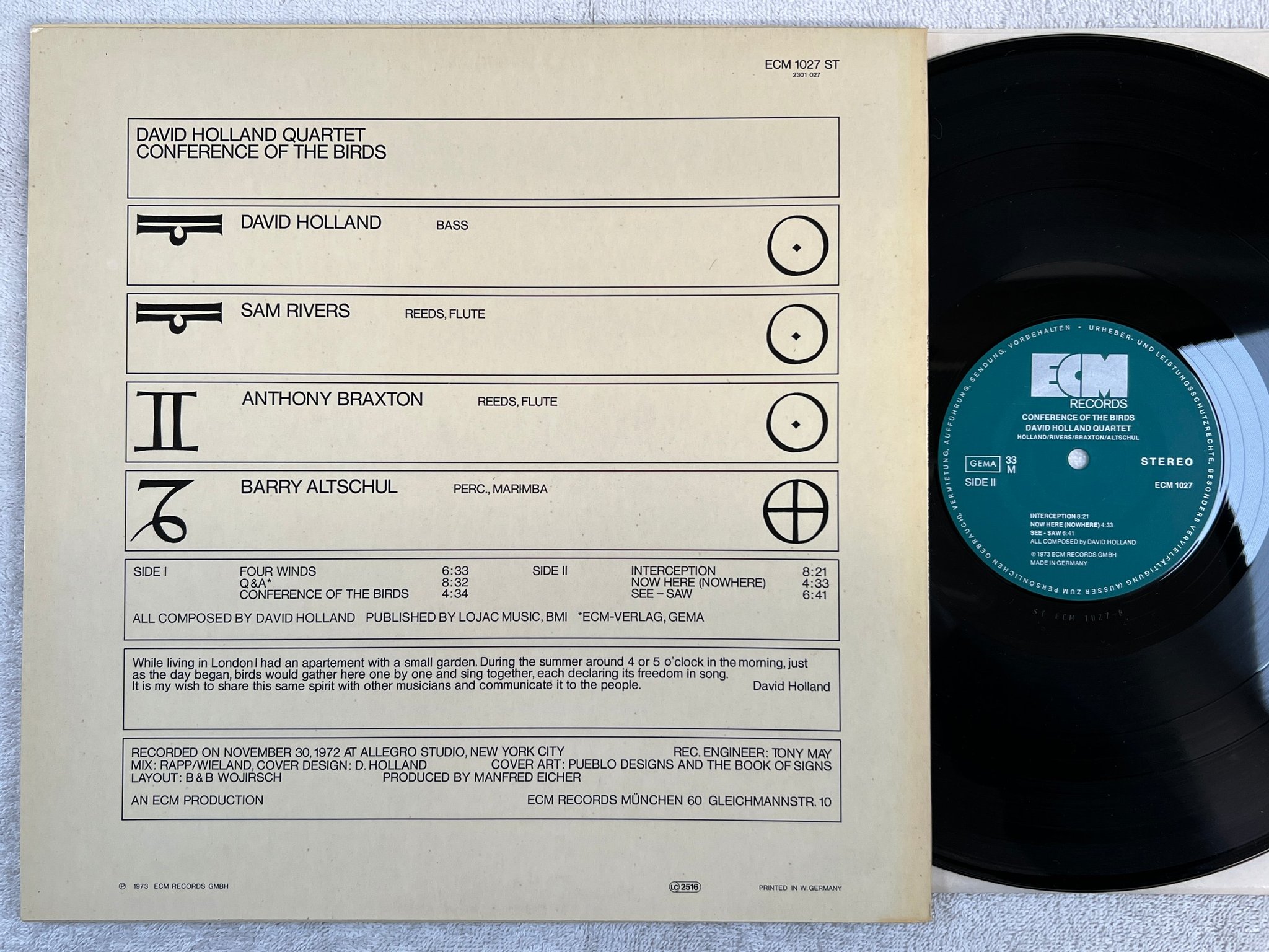 Omslagsbild för skivan DAVID HOLLAND QUARTET conference of the birds LP -73 Ger ECM 1027