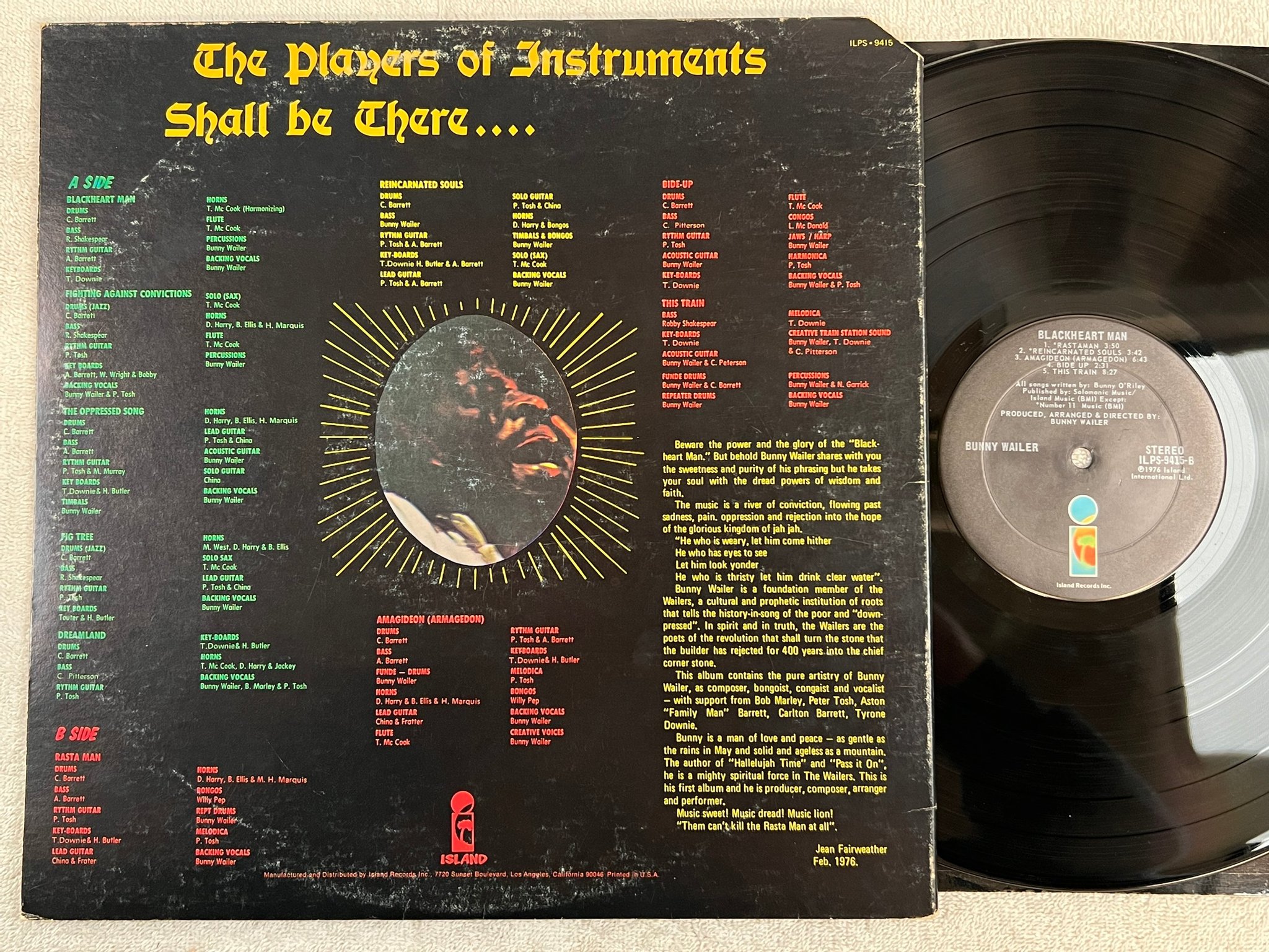 Omslagsbild för skivan BUNNY WAILER blackheart man LP -76 US ISLAND ILPS 9415
