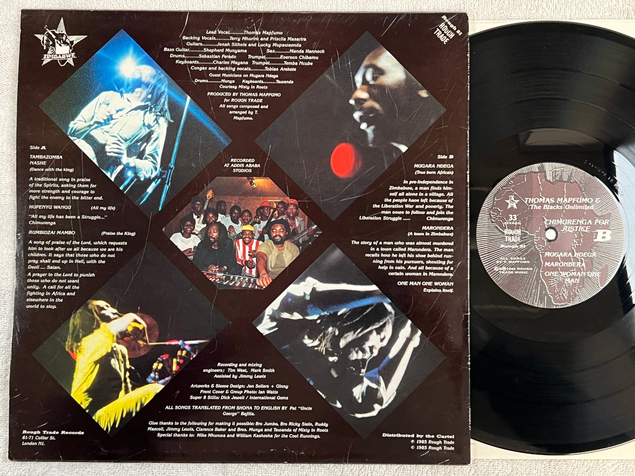Omslagsbild för skivan THOMAS MAPFUMO & BLACKS UNLIMITED chimurenga for justice LP -85 UK ROUGH TRADE 