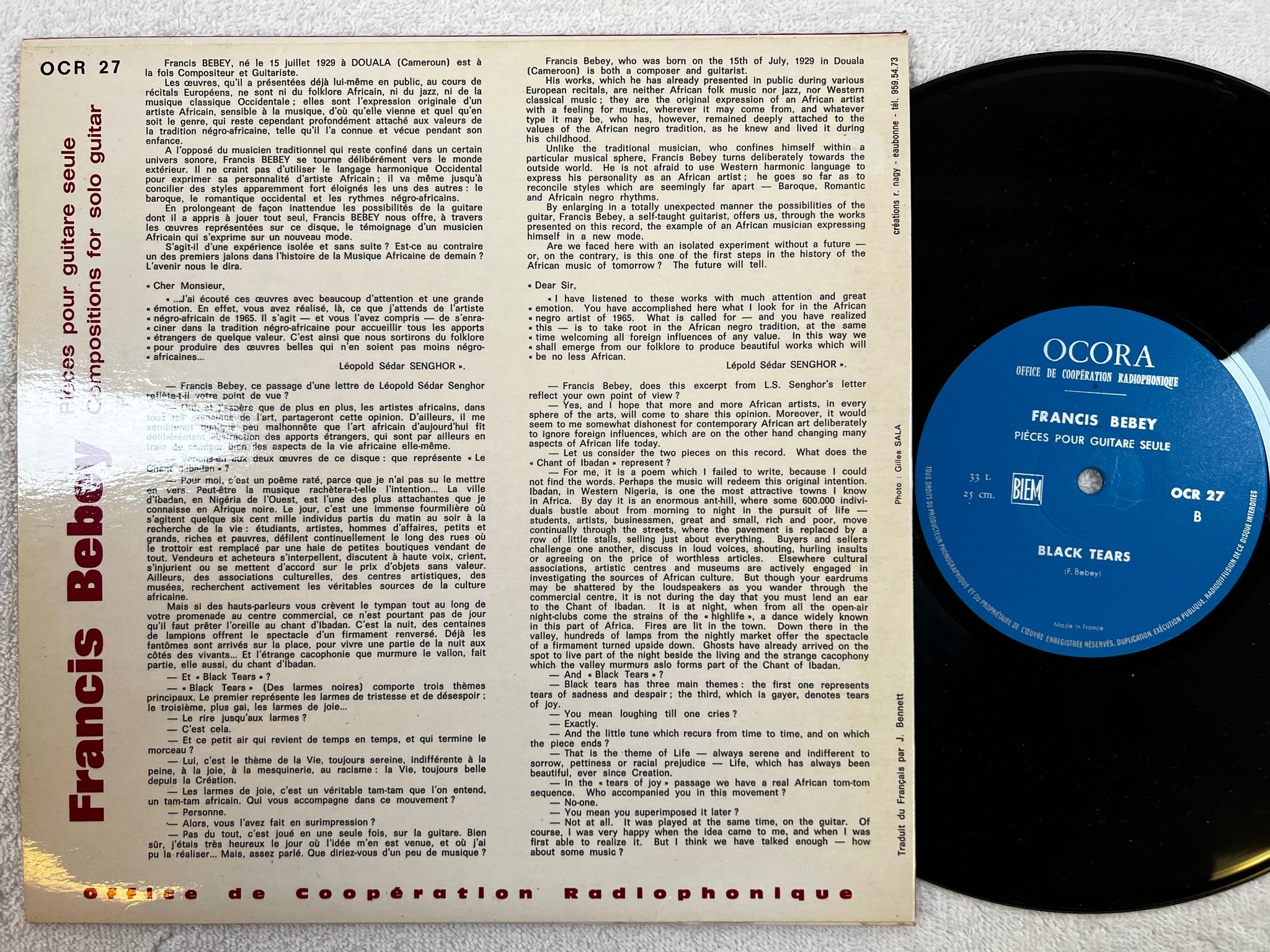 Omslagsbild för skivan FRANCIS BEBEY pieces pour guitare seule 10" Album -65 Fra OCORA OCR 27