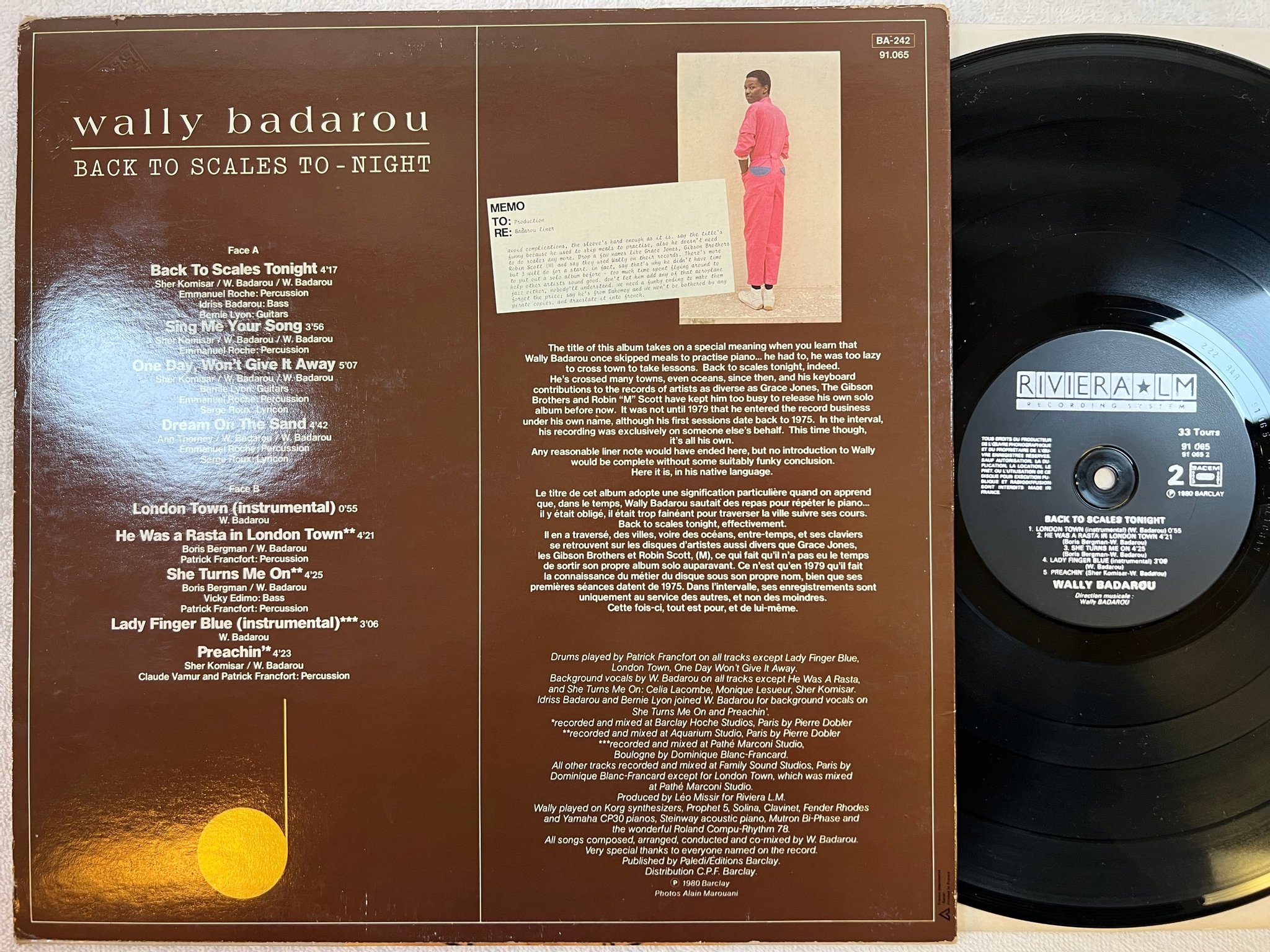 Omslagsbild för skivan WALLY BADAROU back to scales to - night LP -80 Fra RIVIERA 91 065 rare funk / re