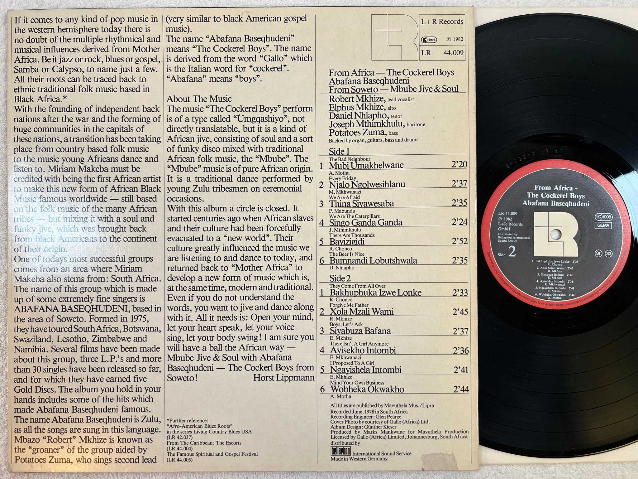 Omslagsbild för skivan THE COCKEREL BOYS Mbube Jive & Soul LP -82 Ger  L+R LR 44009