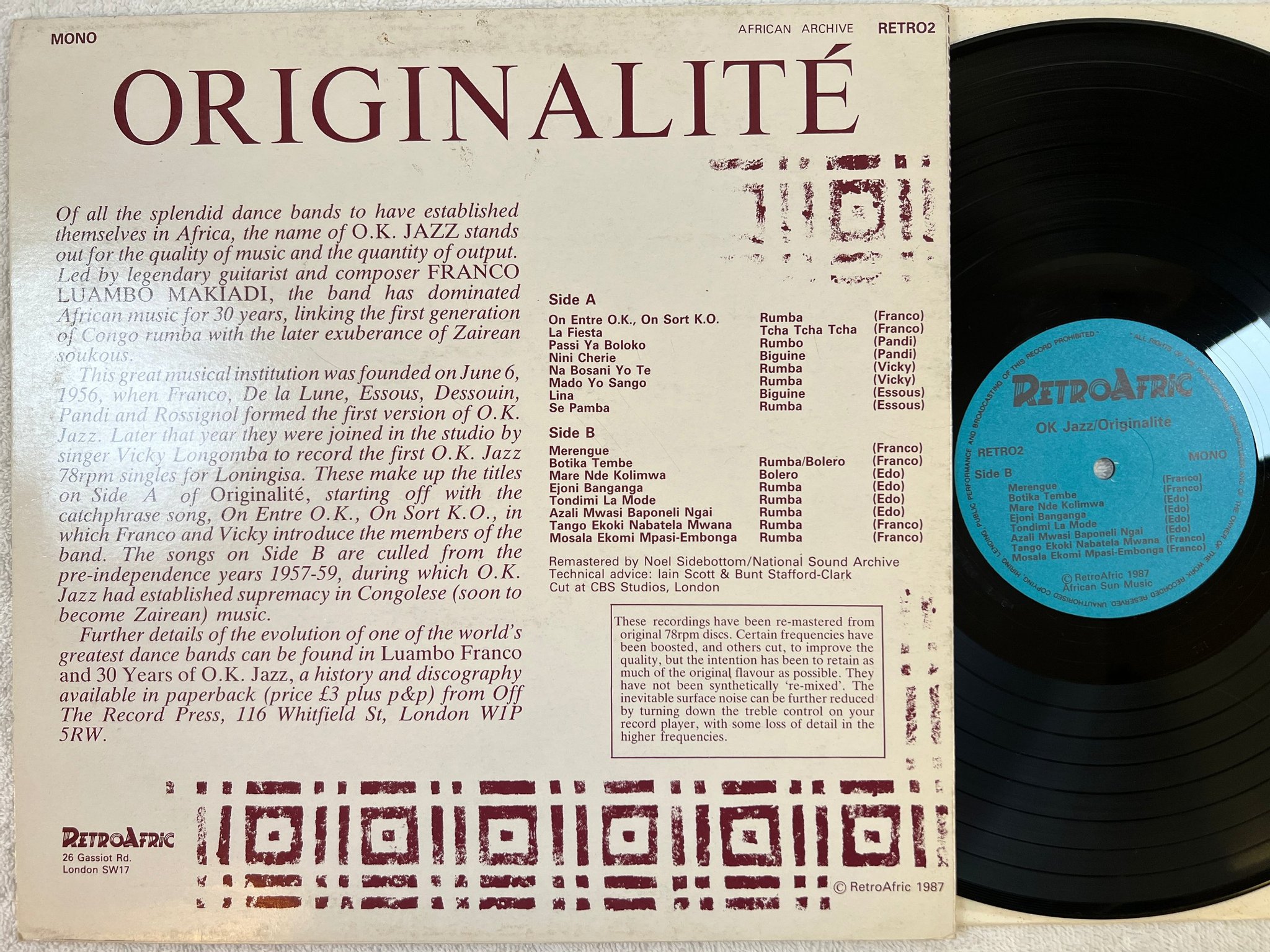 Omslagsbild för skivan FRANCO ER LE T.P. O.K. JAZZ Originalité - The Original 1956 Recordings LP -87 UK
