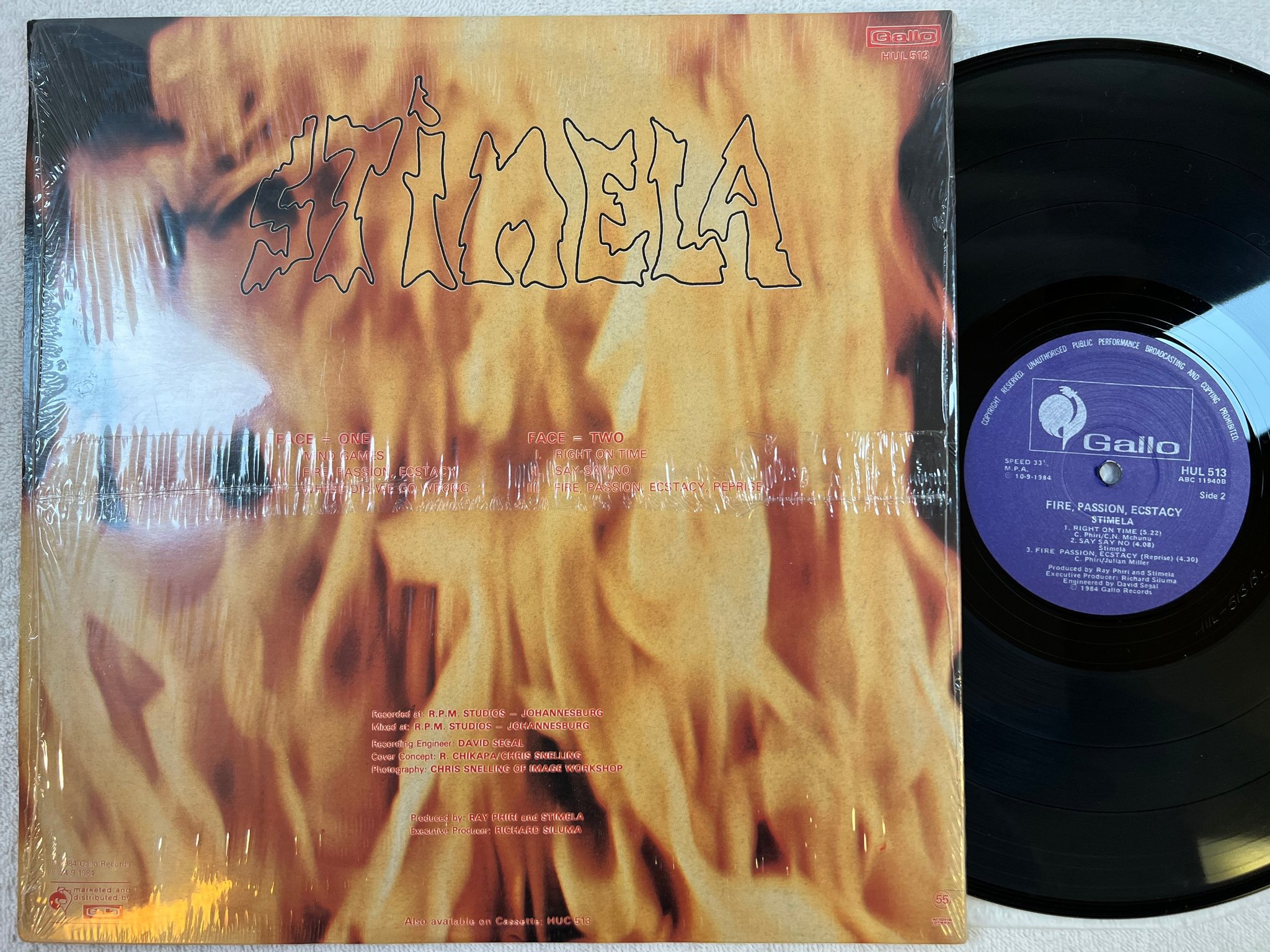 Omslagsbild för skivan STIMELA Fire, Passion, Ecstasy LP -84 South Africa GALLO HUL 513 boogie disco so