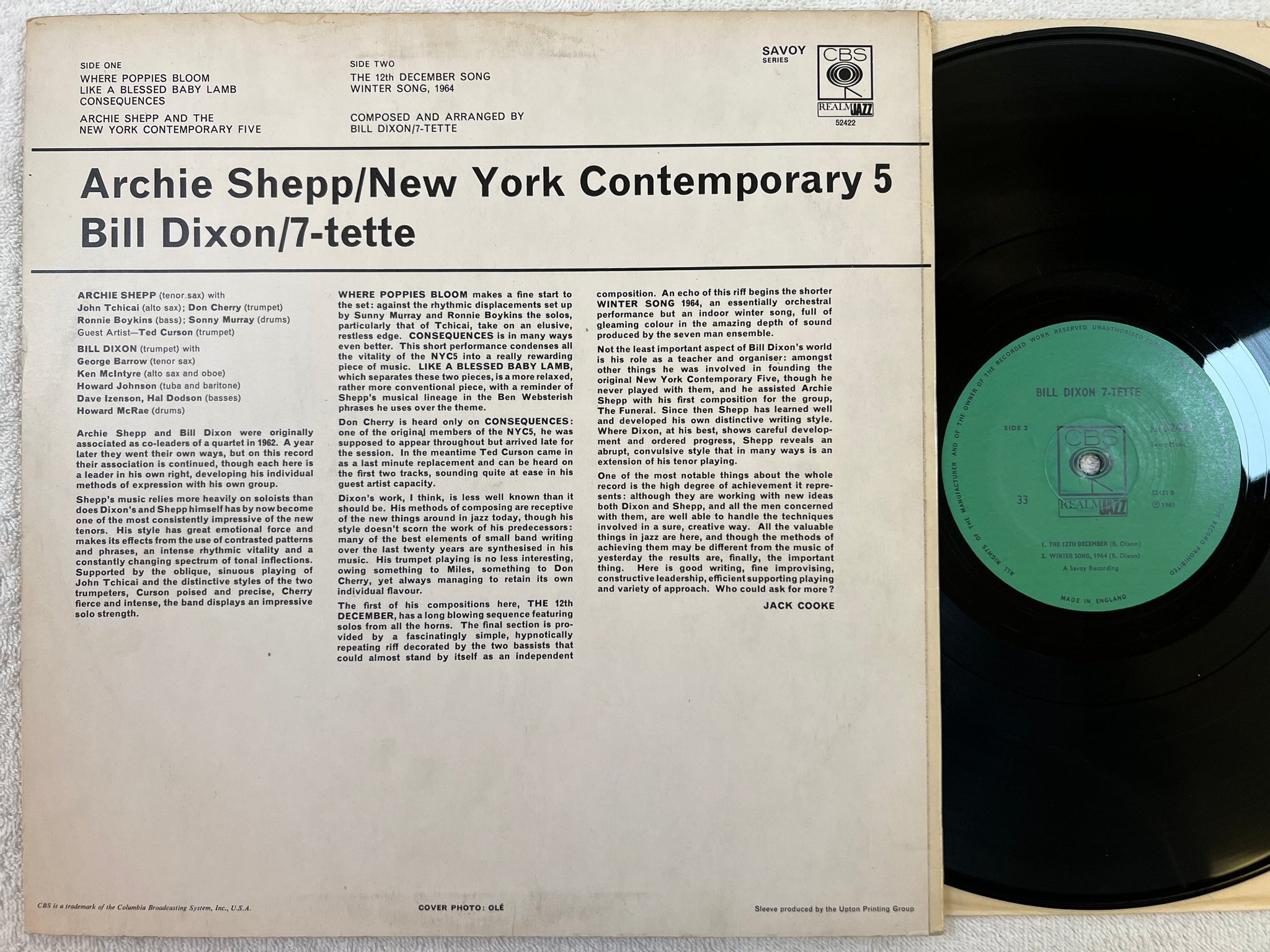 Omslagsbild för skivan BILL DIXON 7-tette LP -65 UK CBS / REALM JAZZ RM 52422