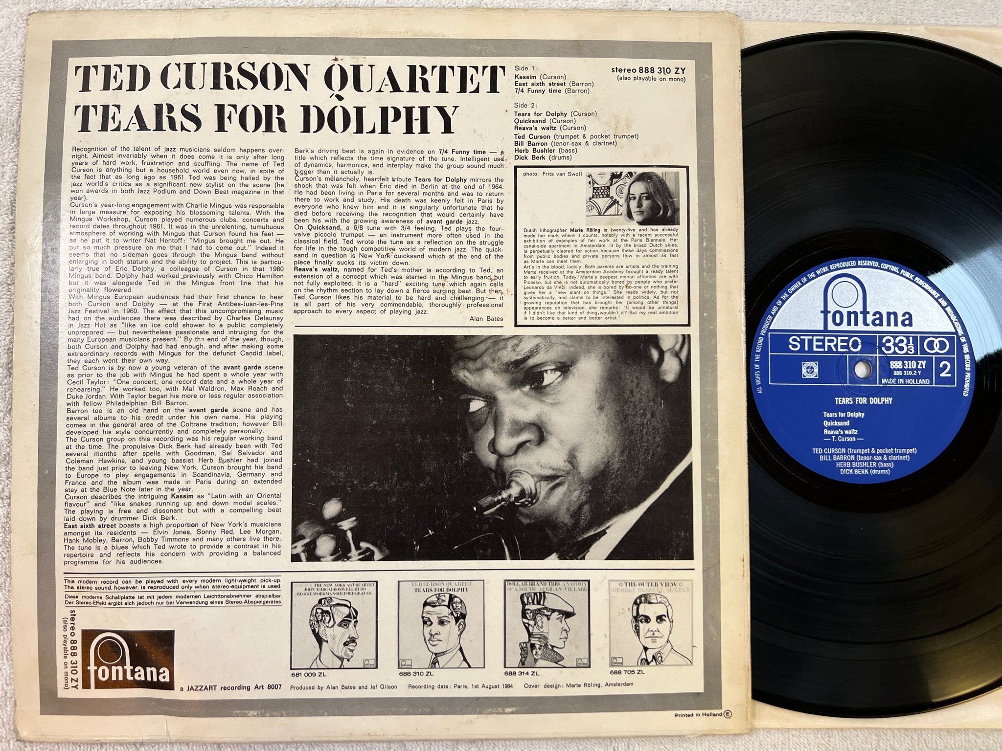 Omslagsbild för skivan TED CURSON tears for Dolphy LP -64 Hol FONTANA 888 310 