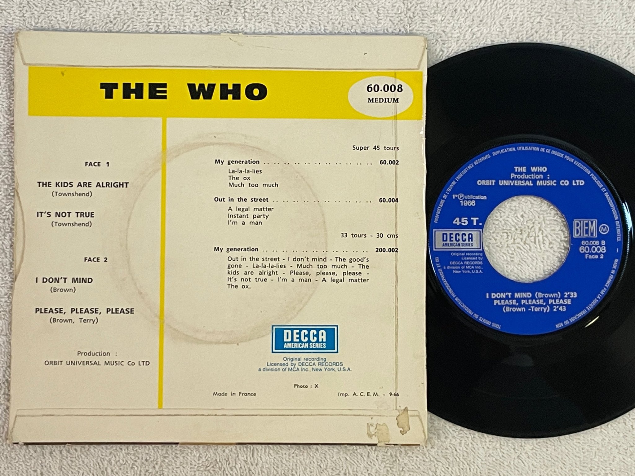Omslagsbild för skivan THE WHO the kids are alright 7"single -66 Fra DECCA 60.008 rare mod