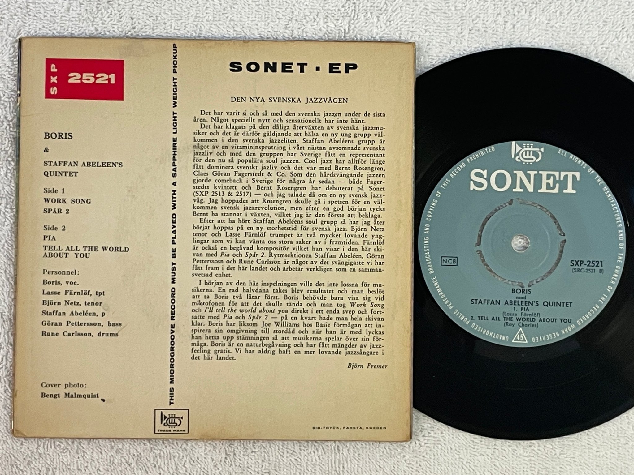 Omslagsbild för skivan BORIS & STAFFAN ABELEEN'S QUINTET it's soultime 7"ep -61 SONET SXP 2521