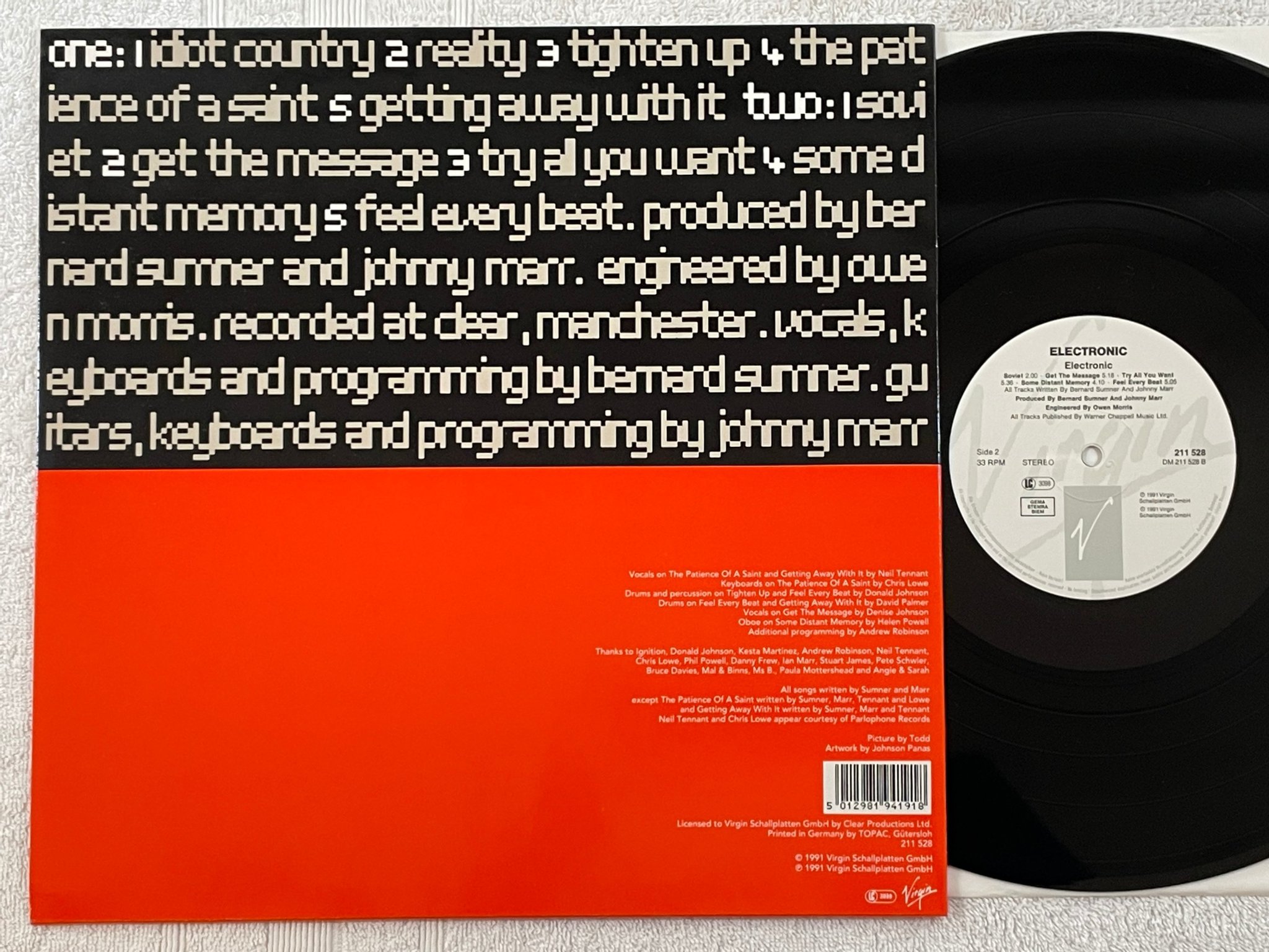 Omslagsbild för skivan ELECTRONIC s/t LP -91 VIRGIN 211 528 synth pop