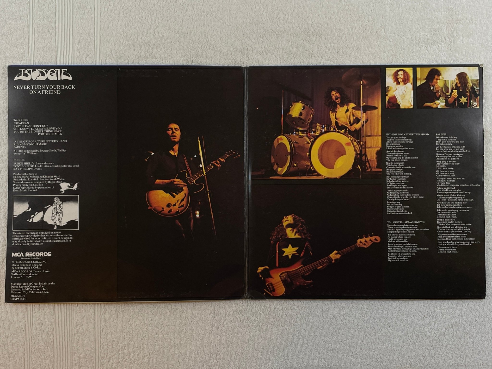 Omslagsbild för skivan BUDGIE Never Turn Your Back On A Friend LP -73 UK MCA MDKS 8010  YEAH!!