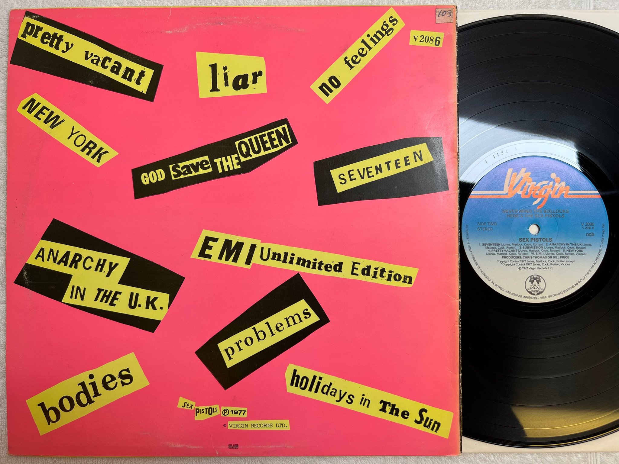 Omslagsbild för skivan SEX PISTOLS never mind the bollocks LP ncb VIRGIN V2086